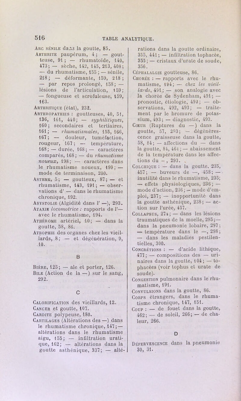 Arc sénile da.is la goutle, 85. Arthrite paupérum, 4 ; — gout- teuse, 91 ; — rhumatoïde, 140, 473; — sèche, 142, 145, 213, 408; — du rhumatisme, 155 ; — sénile, 218; — déformante, 159, 218; — par repos prolongé, 158; — lésions de l’articulation, 159; — fongueuse et scrofuleuse, 159, 163. Arthritique (état), 232. Arthropathies : goutteuses, 40, 51, 136, 161, 440; — syphilitiques, 160 ; secondaires et tertiaires, 161; — rhumatismales, 155, 166, 167; — douleur, tuméfaction, rougeur, 167 ; — température, 168; — durée, 168;— caractères comparés, 168; — du rhumatisme noueux, 198 ; — caractères dans le rhumatisme noueux, 199; — mode de terminaison, 200. Asthme, 5; — goutteux, 87; — et rhumatisme, 143, 191; — obser- vations d’ — dans le rhumatisme chronique, 192. Asystohe (Algidité dans 1’ —), 293. Ataxie locomotrice : rapports de 1’— avec le rhumatisme, 194. Athérome artériel, 10; — dans la goutte, 58, 86. Atrophie des organes chez les vieil- lards, 8 ; — et dégénération, 9, .10. B Bière, 125; — ale et porter, 126. Bile (Action de la —) sur le sang, 292. C Calorification des vieillards, 12. Cancer et goutte, 107. Cardite polypeuse, 180. Cartilages (Altérations des —) dans le rhumatisme chronique, 147 ; — altérations dans le rhumatisme aigu, 155; — infiltration urati- que, 162; — altérations dans la goutte asthénique, 337; — alté- rations dans la goutte ordinaire, 355, 441; — infiltration tophacèe, 355; — cristaux d’urate de soude, 356. Céphalalgie goutteuse, 86. Chorée : — rapports avec le rhu- matisme, 194; — chez les vieil- lards, 491; — son analogie avec la chorée de Sydenham, 491; — pronostic, étiologie, 492; — ob- servations, 492, 493; — traite- ment par le bromure de potas- sium, 493; — diagnostic, 493. Coeur (Ruptures du —) dans la goutte, 57, 293; — dégénéres- cence graisseuse dans la goutte, 58, 84; — affections du — dans la goutte, 84, 461 ; — abaissement de la température dans les affec- tions du - , 293. . Colchique : — dans la goutte, 235, 457; — buveurs de —, 458; — inutilité dans le rhumatisme, 235; — effets physiologiques, 236; — mode d’action, 236 ; — mode d’em- ploi, 237; — inopportunité dans la goutte asthénique, 238; — ac- tion sur l’urée, 457. Collapsus, 274; — dans les lésions traumatiques de la moelle, 295 ; — dans la pneumonie lobaire, 297 : — température dans le —, 298; — dans les maladies pestilen- tielles, 300. Concrétions : — d’acide lithique, 477; — compositions des — uri- naires dans la goutte, 104; — to- phacées (voir tophus et urate de soude). Congestion pulmonaire dans le rhu- matisme, 191. Convulsions dans la goutte, 86. Corps étrangers, dans le rhuma- tisme chronique, 147, 151. Coup : — de fouet dans la goutte, 462; — de soleil, 266; — de cha- leur, 266. D Défervescence dans la pneumonie 30, 31.