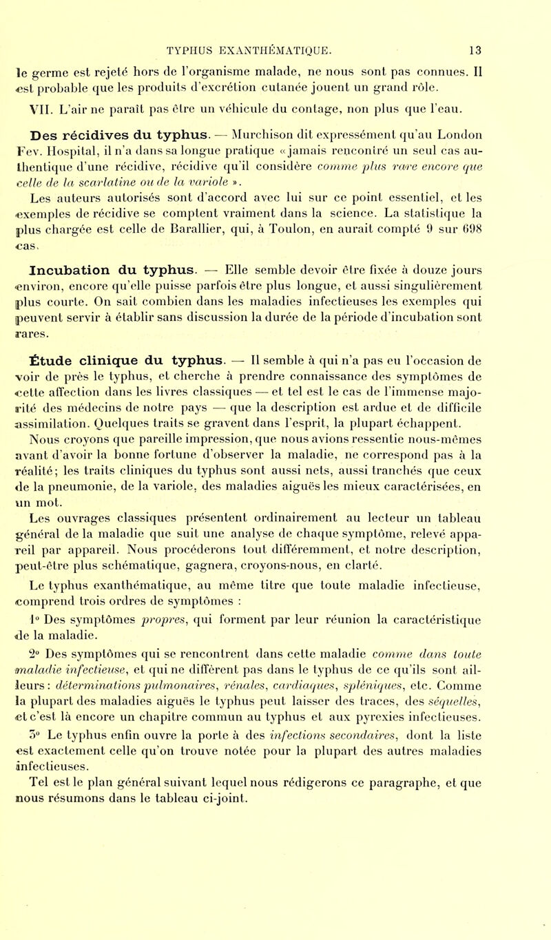 le germe est rejeté hors de l’organisme malade, ne nous sont pas connues. Il est probable que les produits d’excrétion cutanée jouent un grand rôle. VII. L’air ne paraît pas être un véhicule du contage, non plus que l’eau. Des récidives du typhus. — Murchison dit expressément qu’au London Fev. Hospital, il n’a dans sa longue pratique «jamais rencontré un seul cas au- thentique d’une récidive, récidive qu’il considère comme plus rwe encore que celle de la scarlatine ou de la variole ». Les auteurs autorisés sont d’accord avec lui sur ce point essentiel, et les ■exemples de récidive se comptent vraiment dans la science. La statistique la plus chargée est celle de Barallier, qui, à Toulon, en aurait compté 9 sur 698 cas. Incubation du typhus. — Elle semble devoir être fixée à douze jours environ, encore qu’elle puisse parfois être plus longue, et aussi singulièrement plus courte. On sait combien dans les maladies infectieuses les exemples qui peuvent servir à établir sans discussion la durée de la période d’incubation sont rares. Étude clinique du typhus. — Il semble à qui n’a pas eu l’occasion de voir de près le typhus, et cherche à prendre connaissance des symptômes de cette affection dans les livres classiques — et tel est le cas de l’immense majo- rité des médecins de notre pays — que la description est ardue et de difficile assimilation. Quelques traits se gravent dans l’esprit, la plupart échappent. Nous croyons que pareille impression, que nous avions ressentie nous-mêmes avant d’avoir la bonne fortune d’observer la maladie, ne correspond pas à la réalité ; les traits cliniques du typhus sont aussi nets, aussi tranchés que ceux de la pneumonie, de la variole, des maladies aiguës les mieux caractérisées, en un mot. Les ouvrages classiques présentent ordinairement au lecteur un tableau général de la maladie que suit une analyse de chaque symptôme, relevé appa- reil par appareil. Nous procéderons tout différemment, et notre description, peut-être plus schématique, gagnera, croyons-nous, en clarté. Le typhus exanthématique, au même titre que toute maladie infectieuse, comprend trois ordres de symptômes : 1° Des symptômes propres, qui forment par leur réunion la caractéristique de la maladie. 2° Des symptômes qui se rencontrent dans cette maladie comme dans toute maladie infectieuse, et qui ne diffèrent pas dans le typhus de ce qu’ils sont ail- leurs: déterminations pulmonaires, rénales, cardiaques, spléniques, etc. Comme la plupart des maladies aiguës le typhus peut laisser des traces, des séquelles, et c’est là encore un chapitre commun au typhus et aux pyrexies infectieuses. 3° Le typhus enfin ouvre la porte à des infections secondaires, dont la liste est exactement celle qu’on trouve notée pour la plupart des autres maladies infectieuses. Tel est le plan général suivant lequel nous rédigerons ce paragraphe, et que nous résumons dans le tableau ci-joint.