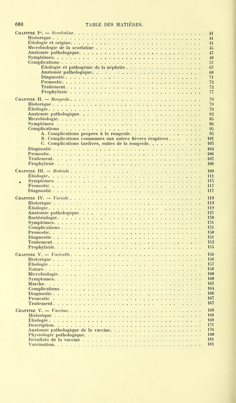 Chapitre Ier. — Scarlatine 41 Historique 41 Étiologie et origine 41 Microbiologie de la scarlatine 45 Anatomie pathologique 47 Symptômes 48 Complications 57 Étiologie et pathogénie de la néphrite G7 Anatomie pathologique _. ... . 68 Diagnostic 71 Pronostic 72 Traitement 72 Prophylaxie 77 Chapitre II. — Rougeole 79 Historique 79 Étiologie . 79 Anatomie pathologique 82 Microbiologie 85 Symptômes 86 Complications 95 A. Complications propres à la rougeole 95 B. Complications communes aux autres fièvres éruptives 101 C. Complications tardives, suites de la rougeole 103 Diagnostic . 104 Pronostic 106 Traitement. . 107 Prophylaxie 108 Chapitre III. — Rubéole 109 Étiologie 111 . Symptômes 113 Pronostic 117 Diagnostic 117 Chapitre IV. — Variole 119 Historique 119 Étiologie 119 Anatomie pathologique 125 Bactériologie 150 Symptômes 151 Complications 131 Pronostic 150 Diagnostic 151 Traitement 152 Prophylaxie 155 Chapitre V. — Varicelle 156 Historique 156 Étiologie 157 Nature 158 Microbiologie 160 Symptômes 160 Marche 163 Complications 164 Diagnostic 166 Pronostic 167 Traitement 167 Chapitre V. — Vaccine 168 Historique 168 Étiologie 168 Description 171 Anatomie pathologique de la vaccine 176 Physiologie pathologique 180 Résultats de la vaccine 181 Vaccination 181