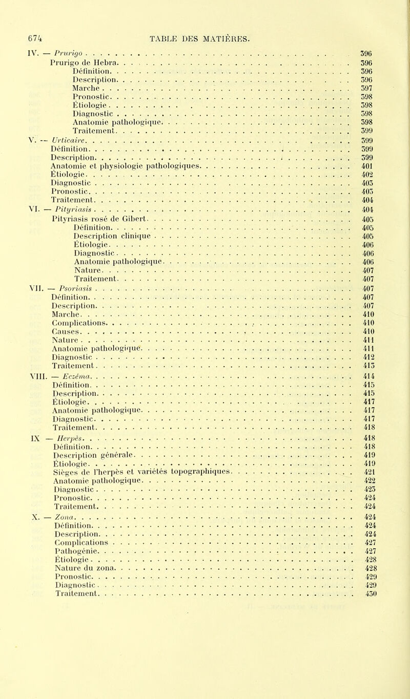 IV. — Prurigo Prurigo de Hebra. Définition. . Description. Marche . . . Pronostic. . Étiologie. . Diagnostic , Anatomie pathologique. Traitement V. — Urticaire Définition . . . Description Anatomie et physiologie pathologiques Étiologie Diagnostic Pronostic Traitement . . VI. — Pityriasis Pityriasis rosé de Gibert Définition Description clinique Étiologie Diagnostic Anatomie pathologique Nature Traitement VII. — Psoriasis Définition Description Marche Complications Causes Nature Anatomie pathologique Diagnostic Traitement VIII. — Eczéma Définition Description Étiologie Anatomie pathologique Diagnostic Traitement IX — Herpès Définition Description générale Étiologie Sièges de l’herpès et variétés topographiques Anatomie pathologique Diagnostic Pronostic Traitement X. — Zona - Définition Description Complications Pathogénie . . . . Étiologie Nature du zona Pronostic Diagnostic Traitement 396 396 396 396 397 398 398 598 598 399 399 399 399 401 402 403 405 404 404 405 405 405 406 406 406 407 407 407 407 407 410 410 410 411 411 412 413 414 415 415 417 417 417 418 418 418 419 419 421 422 423 424 424 424 424 424 427 427 428 428 429 429 430