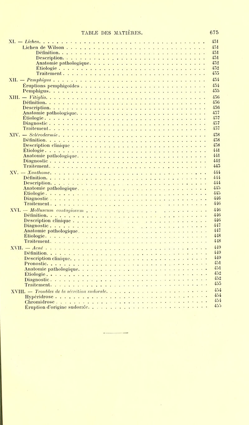 XI. — Lichen Lichen de Wilson Définition Description Anatomie pathologique Étiologie Traitement XII. — Pemphigus Éruptions pemphigoïdes Pemphigus XIII. — Vitiglio Définition Description Anatomie pathologique. Étiologie Diagnostic Traitement XIV. — Sclérodermie Définition Description clinique Étiologie Anatomie pathologique Diagnostic Traitement XV. — Xanthome Définition Description Anatomie pathologique Étiologie Diagnostic Traitement XVI. — Molluscum conlagiosum Définition Description clinique Diagnostic Anatomie pathologique Étiologie Traitement XVII. — Acné Définition Description clinique Pronostic Anatomie pathologique Étiologie Diagnostic : Traitement XVIII. — Troubles de la sécrétion sudorale Hypéridrose Chromidrose Éruption d’origine sudorale 431 431 431 451 432 432 433 434 434 435 436 436 436 457 457 437 457 438 458 458 441 441 442 445 444 444 445 445 446 446 446 446 446 447 447 448 448 449 449 451 451 452 452 455 454 454 454