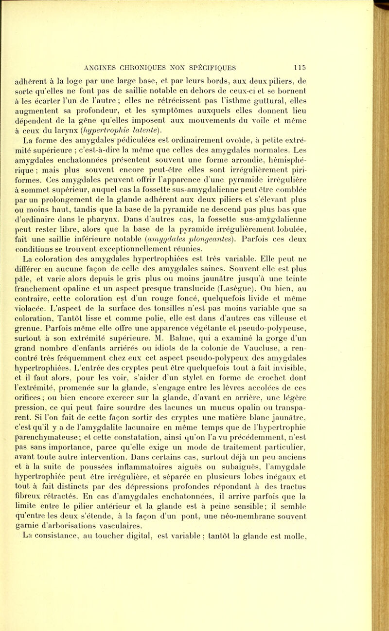 adhèrent à la loge par une large base, et par leurs bords, aux deux piliers, de sorte qu’elles ne font pas de saillie notable en dehors de ceux-ci et se bornent à les écarter l’un de l’autre ; elles ne rétrécissent pas l’isthme guttural, elles augmentent sa profondeur, et les symptômes auxquels elles donnent lieu dépendent de la gêne qu’elles imposent aux mouvements du voile et même à ceux du larynx (hypertrophie latente). La forme des amygdales pédiculées est ordinairement ovoïde, à petite extré- mité supérieure ; c’est-à-dire la même que celles des amygdales normales. Les amygdales enchatonnées présentent souvent une forme arrondie, hémisphé- rique ; mais plus souvent encore peut-être elles sont irrégulièrement piri- formes. Ces amygdales peuvent offrir l’apparence d’une pyramide irrégulière à sommet supérieur, auquel cas la fossette sus-amygdalienne peut être comblée par un prolongement de la glande adhérent aux deux piliers et s’élevant plus ou moins haut, tandis que la base de la pyramide ne descend pas plus bas que d’ordinaire dans le pharynx. Dans d’autres cas, la fossette sus-amÿgdalienne peut rester libre, alors que la base de la pyramide irrégulièrement lobulée, fait une saillie inférieure notable (amygdales plongeantes). Parfois ces deux conditions se trouvent exceptionnellement réunies. La coloration des amygdales hypertrophiées est très variable. Elle peut ne différer en aucune façon de celle des amygdales saines. Souvent elle est plus pâle, et varie alors depuis le gris plus ou moins jaunâtre jusqu’à une teinte franchement opaline et un aspect presque translucide (Lasègue). Ou bien, au contraire, cette coloration est d’un rouge foncé, quelquefois livide et même violacée. L’aspect de la surface dos tonsilles n’est pas moins variable que sa coloration, Tantôt lisse et comme polie, elle est dans d’autres cas villeuse et grenue. Parfois même elle offre une apparence végétante et pseudo-polypeuse, surtout à son extrémité supérieure. M. Balme, qui a examiné la gorge d’un grand nombre d’enfants arriérés ou idiots de la colonie de Vaucluse, a ren- contré très fréquemment chez eux cet aspect pseudo-polypeux des amygdales hypertrophiées. L’entrée des cryptes peut être quelquefois tout à fait invisible, et il faut alors, pour les voir, s’aider d’un stylet en forme de crochet dont l’extrémité, promenée sur la glande, s’engage entre les lèvres accolées de ces orifices ; ou bien encore exercer sur la glande, d’avant en arrière, une légère pression, ce qui peut faire sourdre des lacunes un mucus opalin ou transpa- rent. Si l’on fait de cette façon sortir des cryptes une matière blanc jaunâtre, c’est qu’il y a de l’amygdalite lacunaire en même temps que de l’hypertrophie parenchymateuse; et cette constatation, ainsi qu’on l’a vu précédemment, n’est pas sans importance, parce qu’elle exige un mode de traitement particulier, avant toute autre intervention. Dans certains cas, surtout déjà un peu anciens et à la suite de poussées inflammatoires aiguës ou subaiguës, l’amygdale hypertrophiée peut être irrégulière, et séparée en plusieurs lobes inégaux et tout à fait distincts par des dépressions profondes répondant à des tractus fibreux rétractés. En cas d’amygdales enchatonnées, il arrive parfois que la limite entre le pilier antérieur et la glande est à peine sensible ; il semble qu’entre les deux s’étende, à la façon d’un pont, une néo-membrane souvent garnie d’arborisations vasculajres. La consistance, au toucher digital, est variable ; tantôt la glande est molle,