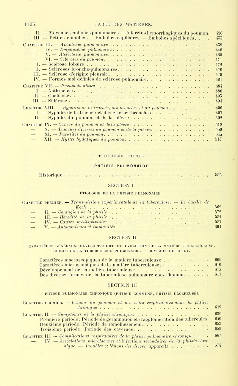 II. — Moyenneseml)üliespiilmonaires. —Infarctus liémorrhagLiues du poumon. 420 III. — Petites emliolies. — Eml)olies capillaires. — Embolies spéciliipies. . . . 455 Chapitre III. — Apoplexie pulmonaire 450 — IV. — Emphysème pulmonaire 4iü — V. — Atélectasie pulmonaire 400 — VI. — Scléroses du poumon 471 I. — Sclérose lohaire 472 II. — Scléroses broncho-pulmonaires 470 III. — Sclérose d’origine pleurale 470 IV. — Formes mal définies de scléi ose pulmonaire . 481 Chapitre MI. — Pneumokonioses 484 I. — Anthracose 480 II. — Cbalicose 405 III. — Sidérose 404 Chapitre VIII. — Syphilis de la trachée, des bronches et du poumon 400 I. — Syphilis de la trachée et des grosses bronches 407 II. — Syphilis du poumon et de la plèvre 502 Chapitre IX. — Cancer du poumon et delà plèvre 518 — X. — Tumeurs diverses du poumon et de la plèvre 550 — XI. — Parasites du poumon 545 — XII. — Kystes hydatiques du poumon 547 TROISIÈME PARTIE PHTISIE PULMONAIRE Historique 555 SECTION I ÉTIOLOGIE DE LA PHTISIE PULMONAIRE. Chapitre premier. — Transmission expérimentale de la tuberculose. — Le bacille de Koch 502 — II. — Contagion de la qjhtisie 572 — III. — Hérédité de la phtisie 581 — IV. — Causes prédisposantes 587 — - V. — Antagonismes et immunités 004 SECTION II CARACTÈRES GÉNÉRAUX, DÉVELOPPEMEMT ET ÉVOLUTION DE LA MATIÈRE TURERCULEUSE. FORMES DE LA TUBERCULOSE PULMONAIRE. — DIVISION DU SU.IET. Caractères macroscopiques de la matière tuberculeuse 600 Caractères microscopiques delà matière tuberculeuse 010 Développement de la matière tuberculeuse 0Î5 Des diverses formes de la tuberculose pulmonaire chez l’homme 017 SECTION III PHTISIE PULMONAIRE CHRONIQUE (PHTISIE COMMUNE, PHTISIE ULCÉREUSE). Chapitre premier. — Lésions du poumon et des voies respiratoires dans la phtisie chronique CIO Chapitre II. — Symptômes de la phtisie chronique C50 Première période : Période de germination et d’agglomération des tubercules. 040 Deuxième période : Période de ramollissement Troisième période : Période des cavernes 059 Chapitre III. — Complications respiratoires de la phtisie pulmonaire chronique. . ■ • 007 — IV. — Associations microbiennes et infections secondaires de la phtisie chro- nique. — Troubles et lésions des divers appareils 074