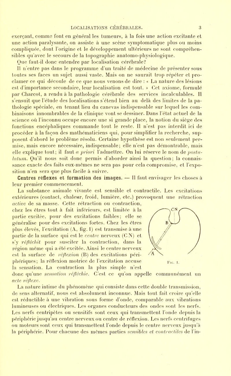 exerçant, comme font en général les tumeurs, à la fois une action excitante et une action paralysante, on assiste à une scène symptomatique plus ou moins compliquée, dont l’origine et le développement ultérieurs ne sont compréhen- sibles qu’avec le secours de la topographie anatomo-physiologique. Que faut-il donc entendre par localisation cérébrale? Il n’entre pas dans le programme d’un traité de médecine de présenter sous toutes ses faces un sujet aussi vaste. Mais on ne saurait trop répéter et pro- clamer ce qui découle de ce que nous venons de dire : « La nature des lésions est d’importance secondaire, leur localisation est tout. » Cet axiome, formulé par Charcot, a rendu à la pathologie cérébrale des services incalculables. Il s’ensuit que l’étude des localisations s’étend bien au delà des limites de la pa- thologie spéciale, en tenant lieu du canevas indispensable sur lequel les com- binaisons innombrables de la clinique vont se dessiner. Dans l’état actuel de la science où l’inconnu occupe encore une si grande place, la notion du siège des fonctions encéphaliques commande tout le reste. Il n’est pas interdit ici de procéder à la façon des mathématiciens qui, pour simplifier la recherche, sup- posent d’abord le problème résolu. Certaine hypothèse est non seulement per- mise, mais encore nécessaire, indispensable; elle n’est pas démontrable, mais elle explique tout; il faut a priori l’admettre. On lui réserve le nom de postic- latum. Qu’il nous soit donc permis d’aborder ainsi la question; la connais- sance exacte des faits eux-mêmes ne sera pas pour cela compromise, et l’expo- sition n’en sera que plus facile à suivre. Centres réflexes et formation des images. — Il faut envisager les choses à leur premier commencement. La substance animale vivante est sensible et contractile. Les excitations extérieures (contact, chaleur, froid, lumière, etc.) provoquent une rétraction active de sa masse. Cette rétraction ou contraction, chez les êtres tout à fait inférieurs, est limitée à la partie excitée, pour des excitations faibles; elle se généralise pour des excitations fortes. Chez les êtres plus élevés, l’excitation (A, fig. 1) est transmise à une partie de la surface qui est le centre nerveux (CN) et s’y réfléchit pour susciter la contraction, dans la région même qui a été excitée. Ainsi le centre nerveux est la surface de réflexion (B) des excitations péri- phériques; la réflexion motrice de l’excitation accuse la sensation. La contraction la plus simple n’est donc qu’une sensation réfléchie. C’est ce qu’on appelle communément un acte réflexe. La nature intime du phénomène qui consiste dans cette double transmission, de sens alternatif, nous est absolument inconnue. Mais tout fait croire qu’elle est réductible à une vibration sous forme d’onde, comparable aux vibrations lumineuses ou électriques. Les organes conducteurs des ondes sont les nerfs. Les nerfs centripètes ou sensitifs sont ceux qui transmettent l’onde depuis la périphérie jusqu’au centre nerveux ou centre de réflexion. Les nerfs centrifuges ou moteurs sont ceux qui transmettent l’onde depuis le centre nerveux jusqu’à la périphérie. Pour chacune des mêmes parties sensibles et contractiles de l’in-