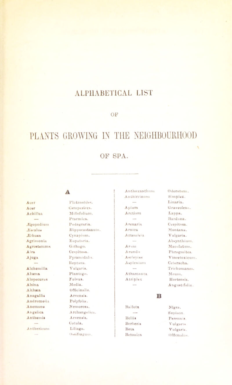 ALPHABETICAL LIST OF PLANTS GROWING IN THE NEIGHBOURIIOOI) \ OF SPA. A Acer Ac«r L‘ani{>c»ti c>. Achllle.1 Mtllcrolium. I’tarmicH. ..{-Igopodiuiti l'o«)nKruria. J^»cuhla JJip{iui-n»UiUuii C'ynapinin. Agrimonia Kiipalonu. Agroetwmtim (j ithugo. Aira Ce«pllu>n. AjURa I'yrnmiilHlu- — HepCaiii Alcheiiiilla Vulguri*. Alitina Pluntng**. Alopecurut Kulvus. Alsina Media. Aiihsea ortk'iniilis. Anngalli* Arvcnsia. AiulrumeTa PulyfuliM. Aneinunti Nemuroin. Angelica Archungtrlicit. Anlhetnii Arveniis. — Cutuln. Autiiericuin Lilmgo. — 1 >4airrn4'iiM Aiithoxantlmiii Oilurntuiii. Aiitnirriniiiii 6:inpk'X. — J.iimriu. A pium GrnvcoleiM. Arctium Lappn. — IJardami. A rcnariii Ccspitosa. A rnicu Mon taiiu. A rtemia’.'X V iilgari*. — Abayruhnini. Ariin Muculutuin. A rundo Phnigmitcs. AacIeniM-* V inceCoziciiii Aauleniuiti Ceteracha. — TrK'hoiiiaiiv«. A thumiinta Memii. Atriplex llortenoi*. — Atigiialiruim. B IliiMota Nigni. — Sepiuin Ucllit Perpiiii iR UcrBeria Vulirnri* lie in Viilgurk. lletoiiicn omciiah.4