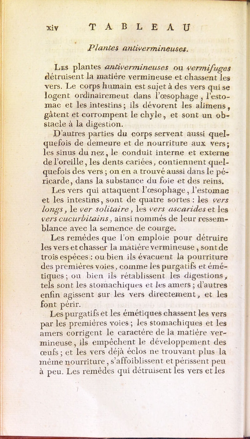 Plantes antivermineuses. Les plantes antivermineuses ou vermifuges détruisent la matière vermineuse et chassent les vers. Le corps humain est sujet à des vers qui se logent ordinairement dans l’œsophage , l’esto- mac et les intestins ; ils dévorent les alimens, gâtent et corrompent le chyle, et sont un ob- stacle à la digestion. D’autres parties du corps servent aussi quel- quefois de demeure et de nourriture aux vers; les sinus du nez, le conduit interne et externe de l’oreille, les dents cariées, contiennent quel- quefois des vers ; on en a trouvé aussi dans le pé- ricarde, dans la substance du foie et des reins. Les vers qui attaquent l’œsophage, l’estomac et les intestins, sont de quatre sortes : les vers longs, le ver solitaire, les vers ascarides et les vers cucurbibains, ainsi nommés de leur ressem- blance avec la semence de courge. Les remèdes que l’on emploie pour détruire les vers et chasser la matière vermineuse , sont de trois espèces : ou bien ils évacuent la pourriture des premières voies, comme les purgatifs et émé- tiques ; ou bien ils rétablissent les digestions, tels sont les stomachiques et les amers ; d’autres enfin agissent sur les vers directement, et les font périr. Les purgatifs et les émétiques chassent les vers par les premières voies ; les stomachiques et les amers corrigent le caractère de la matière ver- mineuse , ils empêchent le développement des œufs ; et les vers déjà éclos ne trouvant plus la même nourriture, s’affoiblissent et périssent peu à peu. Les remèdes qui détruisent les vers et les