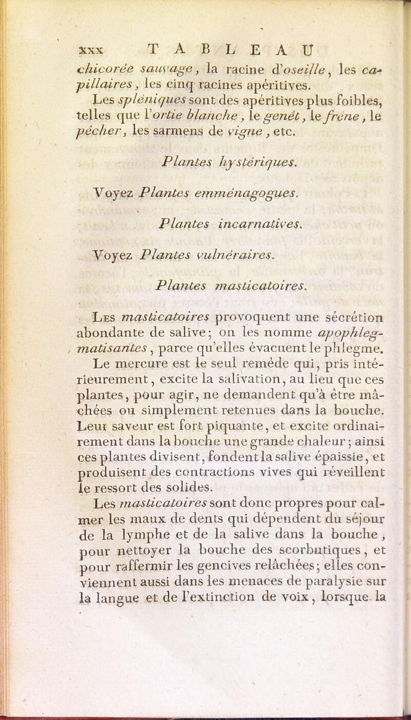 chicorée sauvage, la racine à'oseille, les ca- pillaires , les cinq racines apéritives. Les spléniques sont des apéritives plus foibles, telles que Y ortie blanche, le genêt, \& frêne, le pêcher, les sarmens de vigne , etc. Plantes hystériques. Voyez Plantes emméiiagogues. Plantes incarnatives. Voyez Plantes vulnéraires. Plantes masticatoires. Les masticatoires provoquent une sécrétion abondante de salive; on les nomme apophleg- matisantes, parce qu’elles évacuent le pblegme. Le mercure est le seul remède qui, pris inté- rieurement , excite la salivation, au lieu que ces plantes, pour agir, ne demandent qu’à être mâ- chées ou simplement retenues dans la bouche. Lem saveur est fort piquante, et excite ordinai- rement dans la bouche une grande chaleur ; ainsi ces plantes divisent, fondent la salive épaissie, et produisent des contractions vives qui réveillent ie ressort des solides. Les masticatoires sont donc propres pour cal- mer les maux de dents qui dépendent du séjour de la lymphe et de la salive dans la bouche, pour nettoyer la bouche des scorbutiques, et pour raffermir les gencives relâchées; elles con- viennent aussi dans les menaces de paralysie sur la langue et de l’extinction de voix, lorsque la