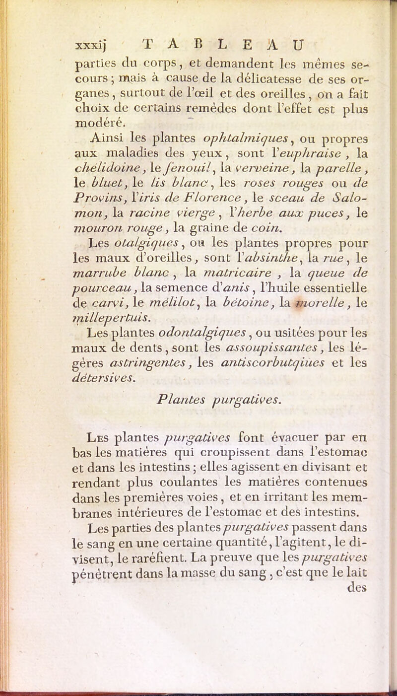 parties du corps, et demandent les memes se- cours ; mais à cause de la délicatesse de ses or- ganes , surtout de l’œil et des oreilles, on a fait choix de certains remèdes dont l’effet est plus modéré. Ainsi les plantes ophtalmiques, ou propres aux maladies des yeux, sont Yeuphraise , la chèlidoine, le fenouil, la verveine, la parelle , le hiueb, le lis blanc, les roses rouges ou de Provins, Y iris de Florence, le sceau de Salo- mon, la racine vierge, Y herbe aux puces, le mouron rouge, la graine de coin. Les otalgiques, ou les plantes propres pour les maux d’oreilles, sont Y absinthe, la rue, le marrube blanc , la matricaire , la queue de pourceau, la semence à'atiis, l’huile essentielle de carvi, le mélilot, la bétoine, la morelie, le millepertuis. Les plantes odonbalgiques, ou usitées pour les maux de dents , sont les assoupissantes, les lé- gères astringentes, les antiscorbutqiues et les détersives. Plantes purgatives. Les plantes purgatives font évacuer par en bas les matières qui croupissent dans l’estomac et dans les intestins ; elles agissent en divisant et rendant plus coulantes les matières contenues dans les premières voies, et en irritant les mem- branes intérieures de l’estomac et des intestins. Les parties des p lantes purgatives passent dans le sang en une certaine quantité, l’agitent, le di- visent, le raréfient. La preuve que les purgatives pénètrent dans la masse du sang , c’est que le lait des