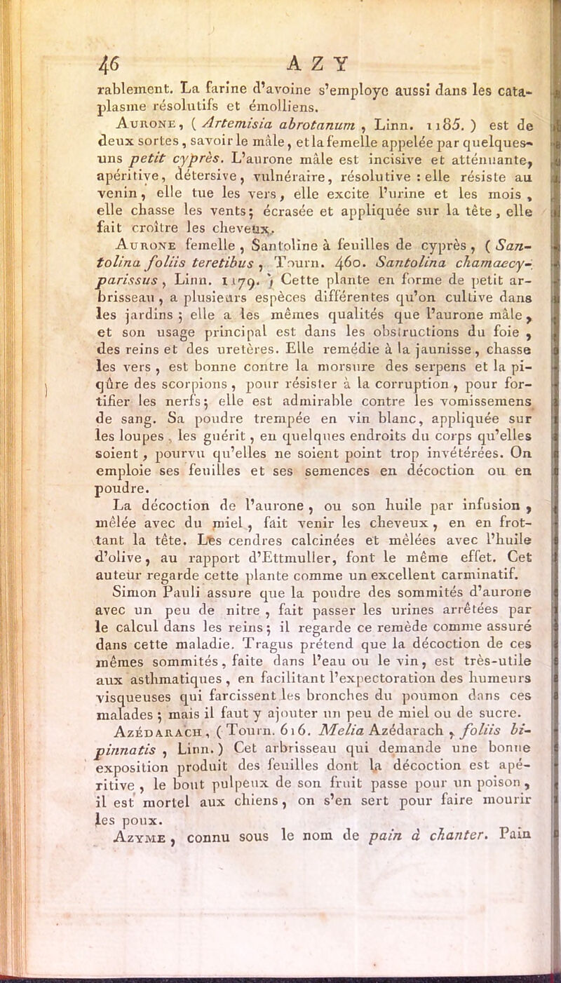 rablement. La farine d’avoine s’employc aussi dans les cata- plasme résolutifs et émolliens. Aurons, ( Artemisia abrotanum , Linn. n85. ) est de deux sortes, savoir le mâle, et la femelle appelée par quelques- uns petit cyprès. L’aurone mâle est incisive et atténuante, apéritive, détersive, vulnéraire, résolutive : elle résiste au venin, elle tue les vers, elle excite l’urine et les mois , elle chasse les vents; écrasée et appliquée sur la tète, elle fait croître les cheveux- Aurone femelle, Santoline à feuilles de cyprès, ( San- tolina foliis teretibus , Tourn. /\6°. Santolina chamaecy- parissus, Linn. 1179- ) Cette plante en forme de petit ar- brisseau, a plusieurs espèces différentes qu’on cultive dans les jardins ; elle a les mêmes qualités que l’aurone mâle , et son usage principal est dans les obslructions du foie , des reins et des uretères. Elle remédie à la jaunisse, chasse les vers , est bonne contre la morsure des serpens et la pi- qûre des scorpions , pour résister à la corruption , pour for- tifier les nerfs; elle est admirable contre les vomissemens de sang. Sa poudre trempée en vin blanc, appliquée sur les loupes . les guérit, en quelques endroits du corps qu’elles soient, pourvu qu’elles 11e soient point trop invétérées. On emploie ses feuilles et ses semences en décoction ou en poudre. La décoction de l’aurone , ou son huile par infusion , mêlée avec du miel, fait venir les cheveux, en en frot- tant la tête. L'es cendres calcinées et mêlées avec l’huile d’olive, au rapport d’Ettmulier, font le même effet. Cet auteur regarde cette plante comme un excellent carminatif. Simon Pauli assure que la poudre des sommités d’aurone avec un peu de nitre , fait passer les urines arrêtées par le calcul dans les reins ; il regarde ce remède comme assuré dans cette maladie. Tragus prétend que la décoction de ces mêmes sommités, faite dans l’eau ou le vin, est très-utile aux asthmatiques, en facilitant l’expectoration des humeurs visqueuses qui farcissent les bronches du poumon dans ces malades ; mais il faut y ajouter un peu de miel ou de sucre. Azédarach, (Tourn. 616. Melia Azédarach , foliis bi- pinnatis , Linn.) Cet arbrisseau qui demande une bonne exposition produit des feuilles dont la décoction est apé- ritive , le bout pulpeux de son fruit passe pour un poison, il est mortel aux chiens, on s’en sert pour faire mourir les poux. Azyme , connu sous le nom de pain à chanter. Pain