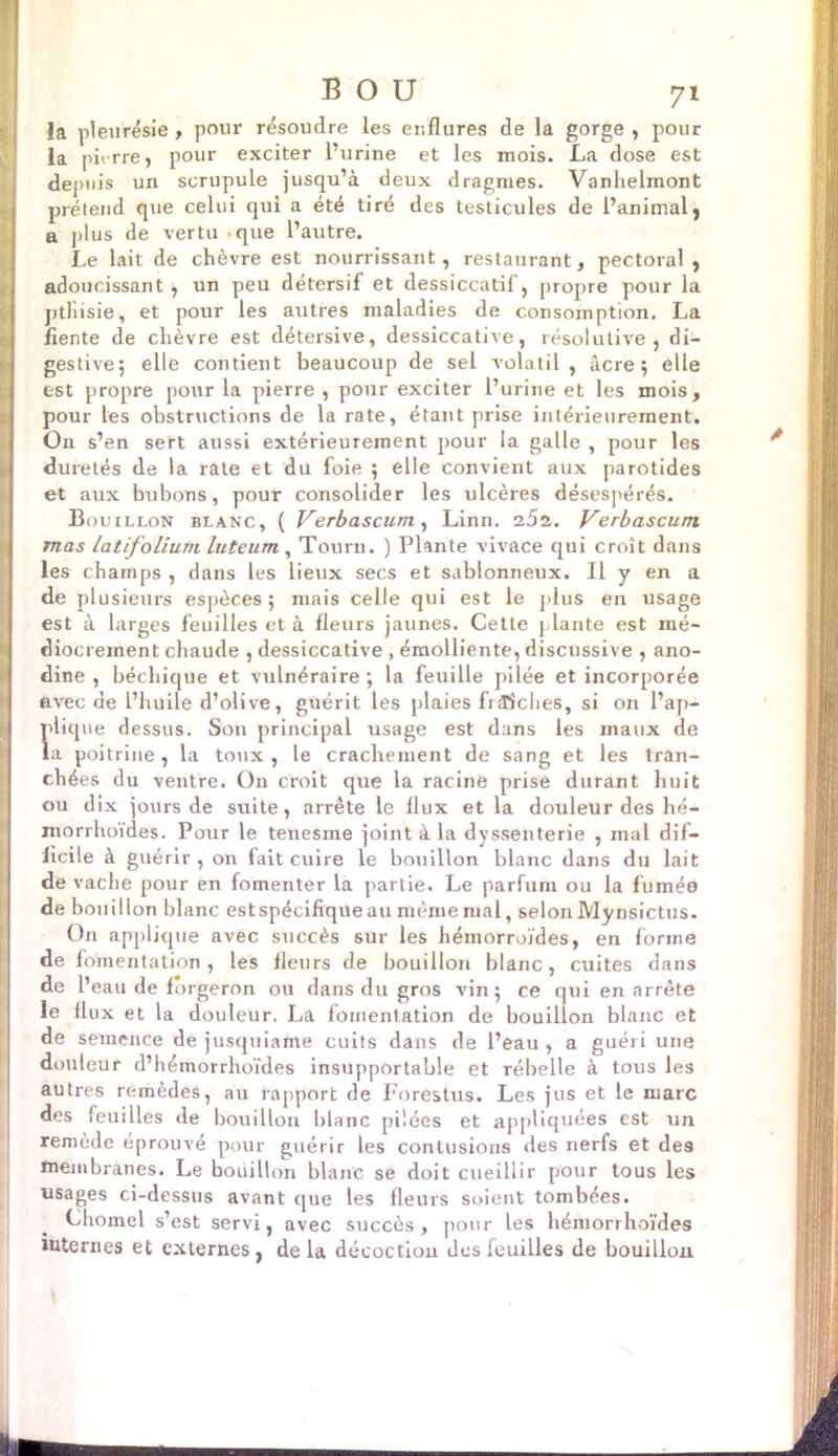 la pleurésie, pour résoudre les enflures de la gorge, pour la pierre, pour exciter l’urine et les mois. La dose est depuis un scrupule jusqu’à deux dragmes. Vanhelmont prétend que celui qui a été tiré des testicules de l’animal, a plus de vertu que l’autre. Le lait de chèvre est nourrissant, restaurant, pectoral , adoucissant, un peu détersif et dessiccatif, propre pour la ptliisie, et pour les autres maladies de consomption. La fiente de chèvre est détersive, dessiccative, résolutive, di- gestive; elle contient beaucoup de sel volatil, âcre; elle est propre pour la pierre , pour exciter l’urine et les mois, pour les obstructions de la rate, étant prise intérieurement. On s’en sert aussi extérieurement pour la galle , pour les duretés de la rate et du foie ; elle convient aux parotides et aux bubons, pour consolider les ulcères désespérés. Bouillon blanc, ( Verbascum, Linn. iSi. Verbascum mas latifolium luteum, Tourn. ) Plante vivace qui croit dans les champs , dans les lieux secs et sablonneux. Il y en a de plusieurs espèces; mais celle qui est le plus en usage est à larges feuilles et à fleurs jaunes. Cette plante est mé- diocrement chaude , dessiccative , émolliente, discussive , ano- dine , béchique et vulnéraire ; la feuille pilée et incorporée avec de l’huile d’olive, guérit les plaies fiÆiclies, si on l’ap- Idique dessus. Son principal usage est dans les maux de a poitrine , la toux , le crachement de sang et les tran- chées du ventre. On croit que la racine prise durant huit ou dix jours de suite, arrête le flux et la douleur des hé- morrhoides. Pour le tenesme joint à la dyssenterie , mal dif- ficile à guérir, on fait cuire le bouillon blanc dans du lait de vache pour en fomenter la partie. Le parfum ou la fumée de bouillon blanc est spécifique au même mal, selon Mynsictus. On applique avec succès sur les hémorroïdes, en forme de fomentation , les fleurs de bouillon blanc, cuites dans de 1’ eau de forgeron ou dans du gros vin; ce qui en arrête le flux et la douleur. La fomentation de bouillon blanc et de semence de jusquiame cuits dans de l’eau , a guéri une douleur d’hémorrhoïdes insupportable et rébelle à tous les autres remèdes, au rapport de Forestus. Les jus et le marc des feuilles de bouillon blanc pilées et appliquées est un remède éprouvé pour guérir les contusions des nerfs et des membranes. Le bouillon blanc se doit cueillir pour tous les usages ci-dessus avant que les fleurs soient tombées. Chomel s’est servi, avec succès, pour les hémorrhoïdes iuternes et externes, delà décoction des feuilles de bouillon