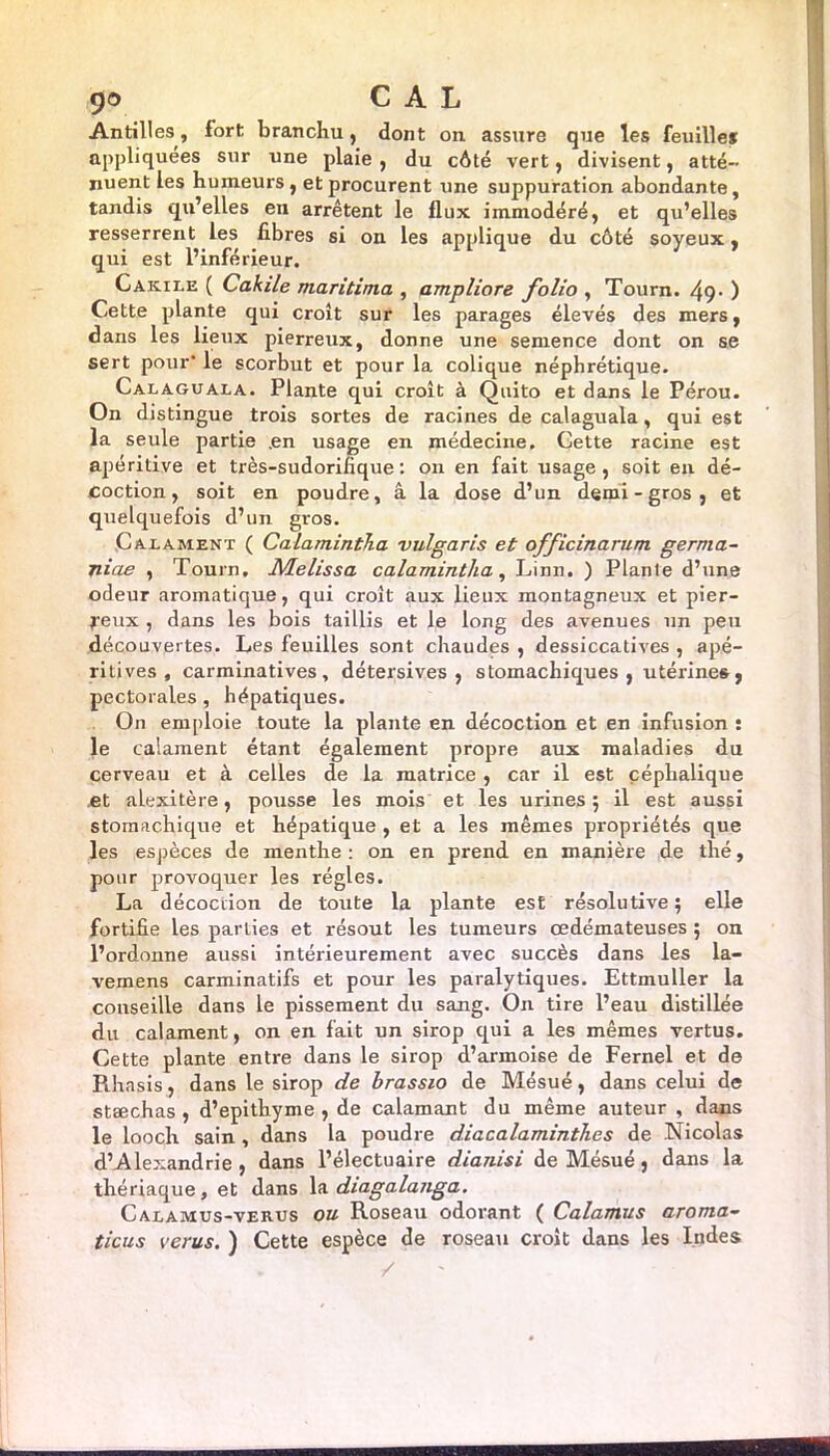 ço CAL Antilles, fort branchu, dont on assure que les feuilles appliquées sur une plaie , du côté vert , divisent, atté- nuent les humeurs , et procurent une suppuration abondante, tandis qu’elles eu arrêtent le flux immodéré, et qu’elles resserrent les fibres si on les applique du côté soyeux, qui est l’inférieur. Cakile ( Cakile maritima , ampliore folio , Tourn. 4ç- ) Cette plante qui croît sur les parages élevés des mers, dans les lieux pierreux, donne une semence dont on se sert pour' le scorbut et pour la colique néphrétique. Calaguala. Plante qui croît à Quito et dans le Pérou. On distingue trois sortes de racines de calaguala, qui est la seule partie .en usage en médecine. Cette racine est apéritive et très-sudorifique: on en fait usage, soit en dé- coction, soit en poudre, â la dose d’un demi-gros, et quelquefois d’un gros. Calament ( Calarnintha vulgaris et officinarum germa- niae , Tourn. Melissa calamintlia, Linn. ) Plante d’une odeur aromatique, qui croît aux lieux montagneux et pier- reux , dans les bois taillis et le long des avenues un peu découvertes. Les feuilles sont chaudes , dessiccatives , apé- ritives , carminatives, détersives , stomachiques, utérines, pectorales , hépatiques. On emploie toute la plante en décoction et en infusion : le calament étant également propre aux maladies du cerveau et à celles de la matrice , car il est céphalique .et alexitère, pousse les mois et les urines 5 il est aussi stomachique et hépatique , et a les mêmes propriétés que les espèces de menthe : on en prend en manière de thé, pour provoquer les régies. La décoction de toute la plante est résolutive ; elle fortifie les parties et résout les tumeurs œdémateuses ; on l’ordonne aussi intérieurement avec succès dans les la- vemens carminatifs et pour les paralytiques. Ettmuller la conseille dans le pissement du sang. On tire l’eau distillée du calament, on en fait un sirop qui a les mêmes vertus. Cette plante entre dans le sirop d’armoise de Fernel et de Rhasis, dans le sirop de brassio de Mésué, dans celui de stæchas , d’epithyme , de calamant du même auteur , dans le looch sain , dans la poudre diacalaminthes de Nicolas d’Alexandrie , dans l’électuaire dianisi de Mésué, dans la thériaque, et dans la diagalanga. Calamus-verus ou Roseau odorant ( Calamus aroma- ticus verus. ) Cette espèce de roseau croit dans les Indes
