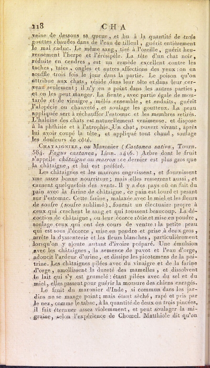 nS <C H A veine de dessous sa queue , et bu a la quantité de -trois réduite en cendres , est un reiuède excellent contre les taches, tçiies , ongles et autres affections des yeux:on en souffle trois fois le jour dans la partie. Le poison qu’on attribue aux chajts , réside dans leur tête et dans leur cer- fveau seulement ; il n’y en a point dans les autres parties , et on les q>eut niangex. La fiente, avec partie égale de mou- ippliquée L’Jialeiije des chats est naturellement venimeuse, et dispose à la phthisie et à l’atrophieviUn chat, ouvert vivant, après lui avoir coupé la tête,, et appliqué tout chaud , soulage les douleurs de côté. • Châtaignier , ou Maronier ( Castanea sativa , Tourn. 584- Fagus castanea, Linn. 14',6.) Arbre dont le fruit s’appelle châtaigne au marron. : ce dernier est plus gros que la châtaigne,, et lui est préféré. Les châtaignes et les marrons engraissent, et fournissent Une assez bonne nourriture ; mais elles resserrent aussi , et causent quelquefois des vents. Il y a des pays où on fait du pain avec la farine de châtaigne, ce pain est lourd et pesant sur l’estomac. Cette farine , malaxée avec le miel et les fleurs de sonfre ( soufre sublimé ), fournit un électuaire propre à ceux qui .crachent le sang et qui toussent beaucoup. La dé- coction de châtaigne , ou leur écorce rôLie et mise en poudre , soplage ceux qui ont des cours de ventre : la petite peau qui est sous l’écorce , mise en poudre et prise à deux gros, arrête la dyssenterie et les fleurs blanches , particulièrement lorsqu’on y ajoute autant d’ivoire préparé. Une émulsion avec les châtaignes , la semence de pavot et l’eau d’orge, adoucit l’ardeur d’urine, et dissipe les picotemcns de la poi- trine. Les châtaignes pilées avec du vinaigre et de la farine d’orge , amollissent la dureté des mamelles , et dissolvent ie lait qui s’y est grumelé : étant pilées avec du sel et du miel, elfes passent pour guérir la morsure des chiens enragés. Le fruit du maronier d’Inde, si commun dans les jar- dins ne se mange point; mais étant séché, râpé et pris par le nez , comme le tabac, à la quantité de deux ou trois pincées, il fait éternuer assez violemment, et peut soulager la mi- . jjraiue, .selon l’expérience de Chomel. Matthioie dit qu’on