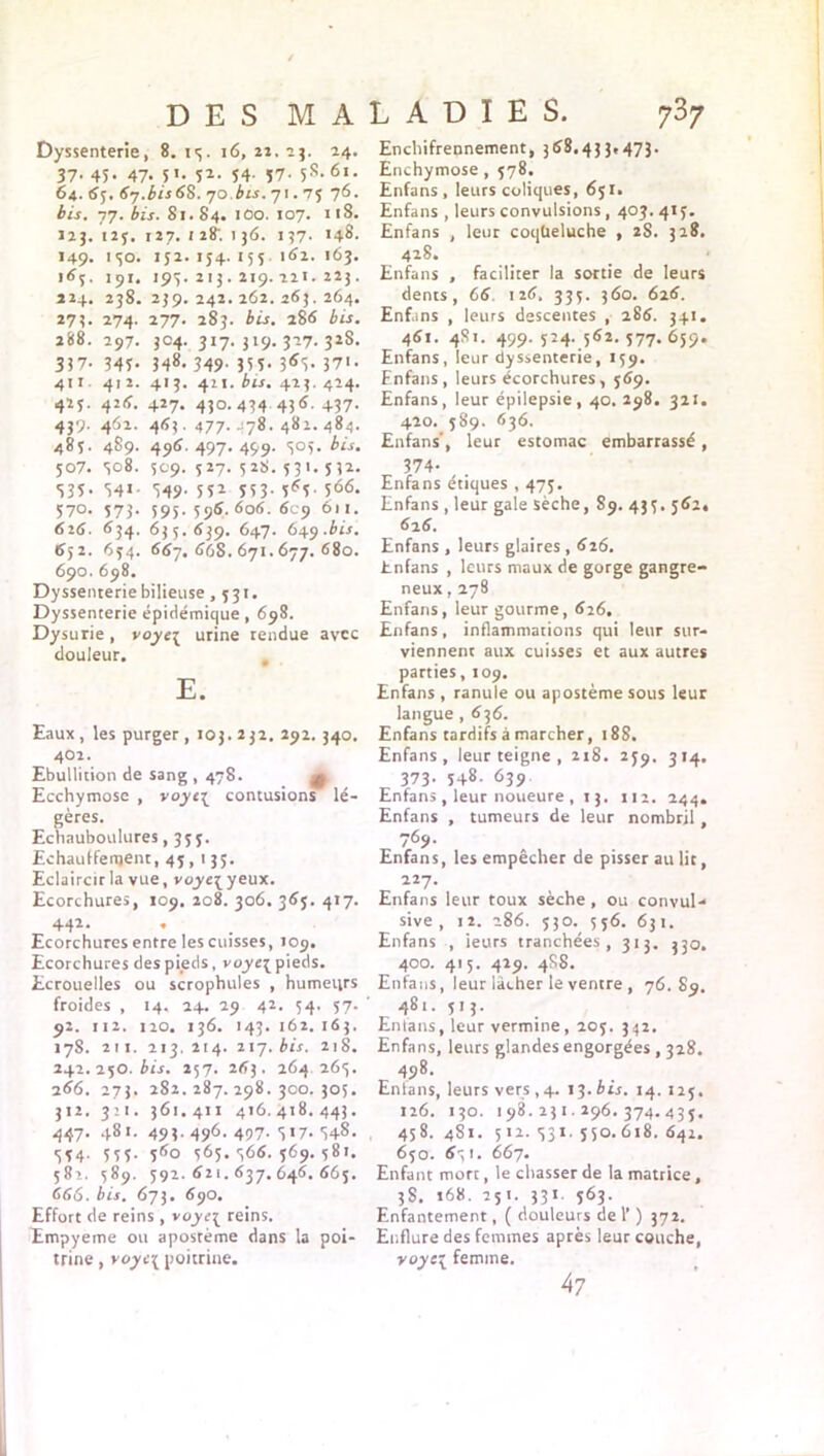 D E S M A Dyssenterie, 8. 13. 16, 22. 23. 24. 37- 45- 47- 5'- 51- 54- 57- 5S-6*- 64. «S'y. 6y.bis68. 70.ins. 71.75 76. ifs. 77. bis. Si. 84. lûo. 107. il8. 123. i2y. 127. 128. 136. 137. 148. 149. 130. 152. 154. 155 182.163. 163. 191. 193. 213. 219.12 t. 223. 224. 23S. 239. 242. 262. 263. 264. 27?. 274. 277. 283. bis. 286 bis. 288. 297. 304. 317. 319. 327. 32S. 337. 343. 348. 349. 353. 363. 371. 411. 412. 413. 421. bis. 423. 424. 423. 426. 427. 430.434 43^- 437. 439. 462. 463. 477. 478. 482. 484. 483. 489. 496.497.499. 303. bis. 507. 308. 309.327.528.331.332. 835- S4> 349- 5S1 553- 5^6. 570. 373. 395. 396. 606. 6cç) 611. 626. 634. 635.639. 647. 64ÿ.bis. 652. 654. 667. 668. 671.677. 680. 690. 698. Dyssenterie bilieuse ,531. Dyssenterie épidémique, 698. Dysurie, voye\ urine rendue avec douleur. E. Eaux, les purger , 103.232. 291.340. 402. Ebullition de sang , 478. Ecchymose , voyc{ contusions lé- gères. Echauboulures ,355. Echaufferment, 45,133. Eclaircir la vue, voyc\ yeux. Ecorchures, 109. 208. 306. 365. 417. 442. Ecorchures entre les cuisses, 109. Ecorchures des pieds, voyc{ pieds. Ecrouelles ou scrophules , humeurs froides , 14. 24. 29 42. 34, 57. 92. 112. 120. 136. 143. 162. 163. 17S. 211. 213. 214. 217. bis. 2i8. 242.250. bis. 257. 263. 264 265. 266. 273. 282.287.298.300.305. 312. 321. 361.411 416.418. 443. 447. 481. 493. 496. 497. 317. 348. S S 4- 555- ï^o 563. 966. 569. 581. 582. 589. 592. 621.637. 646. 665. 666. bis. 673. 690. Effort de reins , voye{ reins. Empyeme ou apostème dans la poi- trine , voyc\ poitrine. LADIES. 737 Enchifrennement, 368.433,473. Enchymose , 578. Enfans, leurs coliques, 651. Enfans , leurs convulsions, 403. 415. Enfans , leur coqüeluche , 2S. 328. 428. Enfans , faciliter la sortie de leurs dents, 66 126, 335. 360. 626. Enfans , leurs descentes , 286. 341. 46t. 4S1. 499. 324. 562. 577. 659. Enfans, leur dyssenterie, 159. Enfans, leurs écorchures, 569. Enfans, leur épilepsie, 40. 298. 321. 420. 589. 636. Enfans', leur estomac embarrassé, 374- Enfans étiques , 475. Enfans , leur gale sèche, 89. 435. 362, 626. Enfans , leurs glaires , 626. Enfans , leurs maux de gorge gangre- neux , 278 Enfans, leur gourme, 626. Enfans, inflammations qui leur sur- viennent aux cuisses et aux autres parties, 109. Enfans , ranule ou apostème sous leur langue ,636. Enfans tardifs à marcher, 188. Enfans, leur teigne , 21S. 239. 314. 373- S48- 639 Enfans , leur noueure , 13. 112. 244. Enfans , tumeurs de leur nombril 769. Enfans, les empêcher de pisser au lit, 227. Enfans leur toux sèche , ou convul- sive , 12. 286. 330. 536. 631. Enfans , ieurs tranchées, 313. ^30. 400. 415. 429. 4S8. Enfans, leur lâcher le ventre , 76.89. 481. 513. Enians, leur vermine, 203. 342. Enfans, leurs glandes engorgées , 328. 498. Enians, leurs vers,4. 13.bis. 14.123. 126. 130. 198. 231.296. 374.435. 458. 4S1. 512. 331. 550. 618. 641. 650. 65 1. 667. Enfant mort, le chasser de la matrice, 3S. 168. 251. 331. 563. Enfantement, ( douleurs de 1’ ) 372. Enflure des femmes après leur couche, voyt\ femme. 47