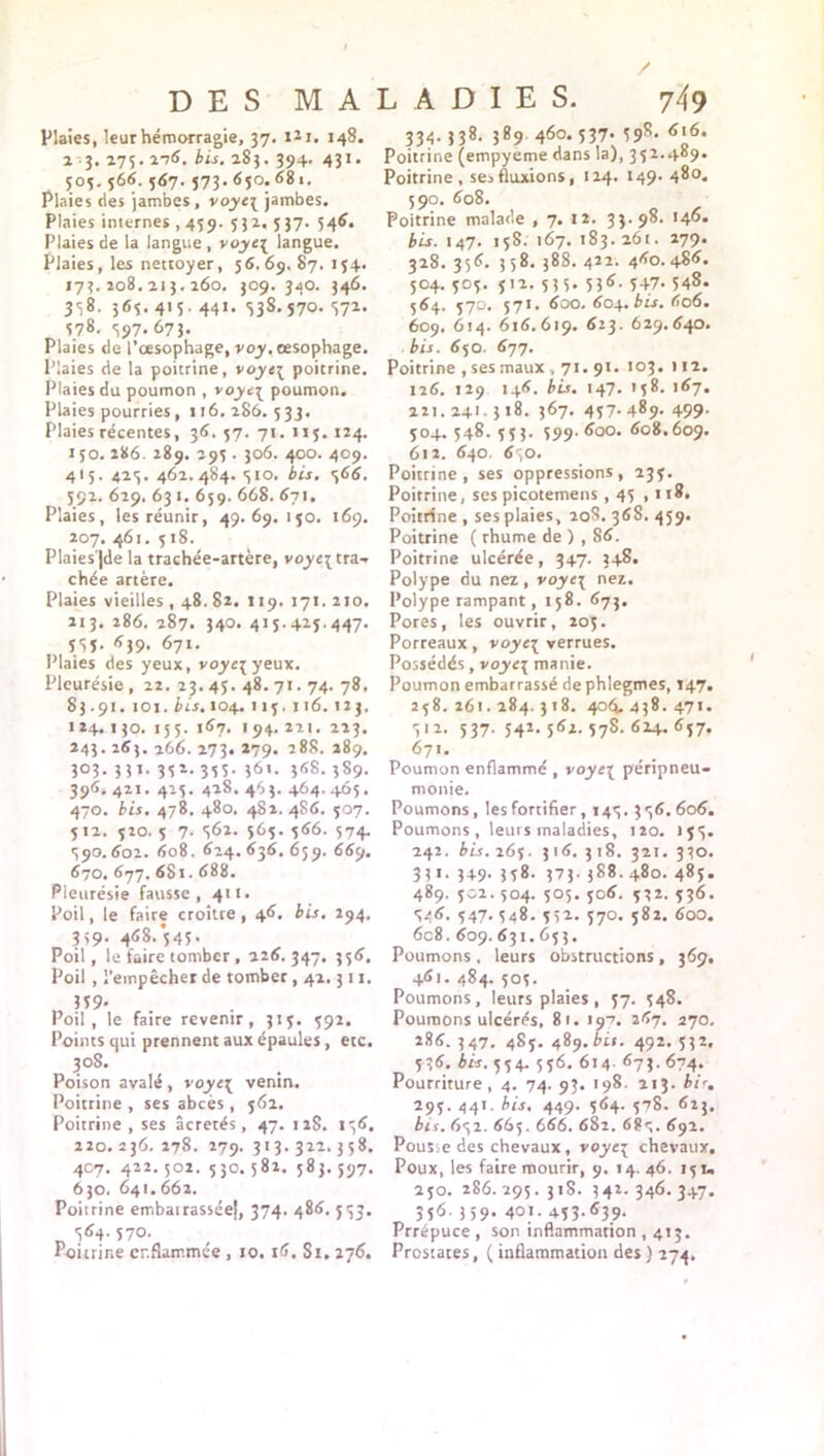 Plaies, leur hémorragie, 37. Ui. 148. 2 3. 275. 276. bis. 283. 394, 431. 505. 566. 567. 573. 650. 68r. Plaies des jambes , jambes. Plaies imernes , 459. 532. 537. 546. Plaies de la langue , voy ci langue. Plaies, les nettoyer, 56.69. 87. 154. 173. 208. 213.260. 309.340. 346. 3^8. 565. 415. 441. <338.570. 372. 578. S97-673- Plaies de l’œsophage, voy. œsophage. Plaies de la poitrine, voy ci poitrine. Plaies du poumon , voyci poumon. Plaies pourries, 116.286. 533. Plaies récentes, 36. 57. 71. 115. 124. 150. 286. 289. 295 . 306. 400. 409. 415. 423. 462.484. 310. bis. 366. 592. 629. 63 1. 659. 668. 671. Plaies, les réunir, 49.69.150. 169. 207. 461. 518. Plaiesjde la trachée-artère, voyei tra- chée artère. Plaies vieilles , 48. 8z. 119. 171. 210. 213. 286. 287. 340. 415.4*5-447- 535- *39- 671. Plaies des yeux, voyei yeux. Pleurésie , 22. 23. 45. 48. 71.74. 78. 83.91. 10j. bis. 104. 115. 116. 123. 124.130. 155. 167. 194. 221. 213. 243.263. 266. 273. 279. *88. 289. 303. 331. 352. 355. 361. 368. 389. 396. 421. 415. 42S. 463. 464. 465. 470. bis, 478. 480. 482. 486. 507. 512. 520. 5 7- 36*- 565- 5*6. 574. 390. 602. 608. 624. 636, 659. 669. 670. 677. 6S1. 688. Pleurésie fausse, 411. Poil, le faire croître, 46. bis. 294. 359- 8.*545- Poil, le faire tomber , 226.347. 356. Poil , l’empêcher de tomber , 42.311. ÎT9- Poil, le faire revenir, 313. 592. Points qui prennent aux épaules , etc. 30S. Poison avalé, voy ci venin. Poitrine , ses abcès , 562. Poitrine , ses âcretés, 47. 128. 136. 220.236. 278. 279.313.322.358. 407. 422.502. 530.582. 583.597. 630. 641. 662. Poitrine embatrassée|, 374. 486. 533. 364.570. Poitrine enflammée , 10.16. Si. 276. / 334.338.389 460.537.598. 616. Poitrine (empyeme dans la), 352.489. Poitrine, ses fluxions, 124. 149. 480. 590. 608. Poitrine malade , 7. 12. 33.98. 146. bis. 147- 158. 167. 183.261. 279. 328. 356. 358. 388. 422. 460.486. 504. 505. 512. 53 5. 536. 547. 548. 564. 570. 571. 600. 604. bis. 606. 609. 614. 616.619. 623. 629.640. bis. 650. 677. Poitrine , ses maux , 71.91. 103. 112. 126. 129 146. bis. 147. 158. 167. 221.241318. 367. 457.489.499. 504.548.553. 599. 600. 608.609. 612. 640. 630. Poitrine, ses oppressions, 235. Poitrine, ses picotemens ,45 ,118, Poitrine , ses plaies, 20S. 36S. 459. Poitrine ( rhume de ) , 86. Poitrine ulcérée, 347. 348. Polype du nez, voyci nez. Polype rampant, 158. 673. Pores, les ouvrir, 205. Porreaux, voye\ verrues. Possédés, voye\ manie. Poumon embarrassé de phlegmes, 147. 258. 261.284.3r8. 406.438.47»- r)i*- 537- 541. 562. 57S. 624. 657. 671. Poumon enflammé , voy ci péripneu- monie. Poumons, les fortifier, 143.336. 606. Poumons, leurs maladies, 120. 153. 242. bis. 265. 316. 318. 321. 330. 331. 349- ?58. 373. 388.480. 485. 489. 502.504. 505. 506. 532. 536. 3/6. 547.548. 552. 570. 582. 600. 6c8. 609.631.653. Poumons . leurs obstructions , 369, 461. 484. 503. Poumons, leurs plaies , 57. 548. Poumons ulcérés, 81. 19-7. 267. 270. 286. 347. 485. 489. èù. 492. 532, 536. bit. 554. 556. 614- 673.674. Pourriture, 4. 74.93. 198. 213. bit. 295. 441. bis. 449. 564. 578. 623, bis. 652. 665. 666. 6S2. 683. 692. Pousse des chevaux, voy ci chevaux. Poux, les faire mourir, 9. 14. 46. 15 u 230. 286.295.318. 342.346.347. 356. 359. 401. 453-639- Prrépuce , son inflammation , 413. Prostates, (inflammation des) 174.