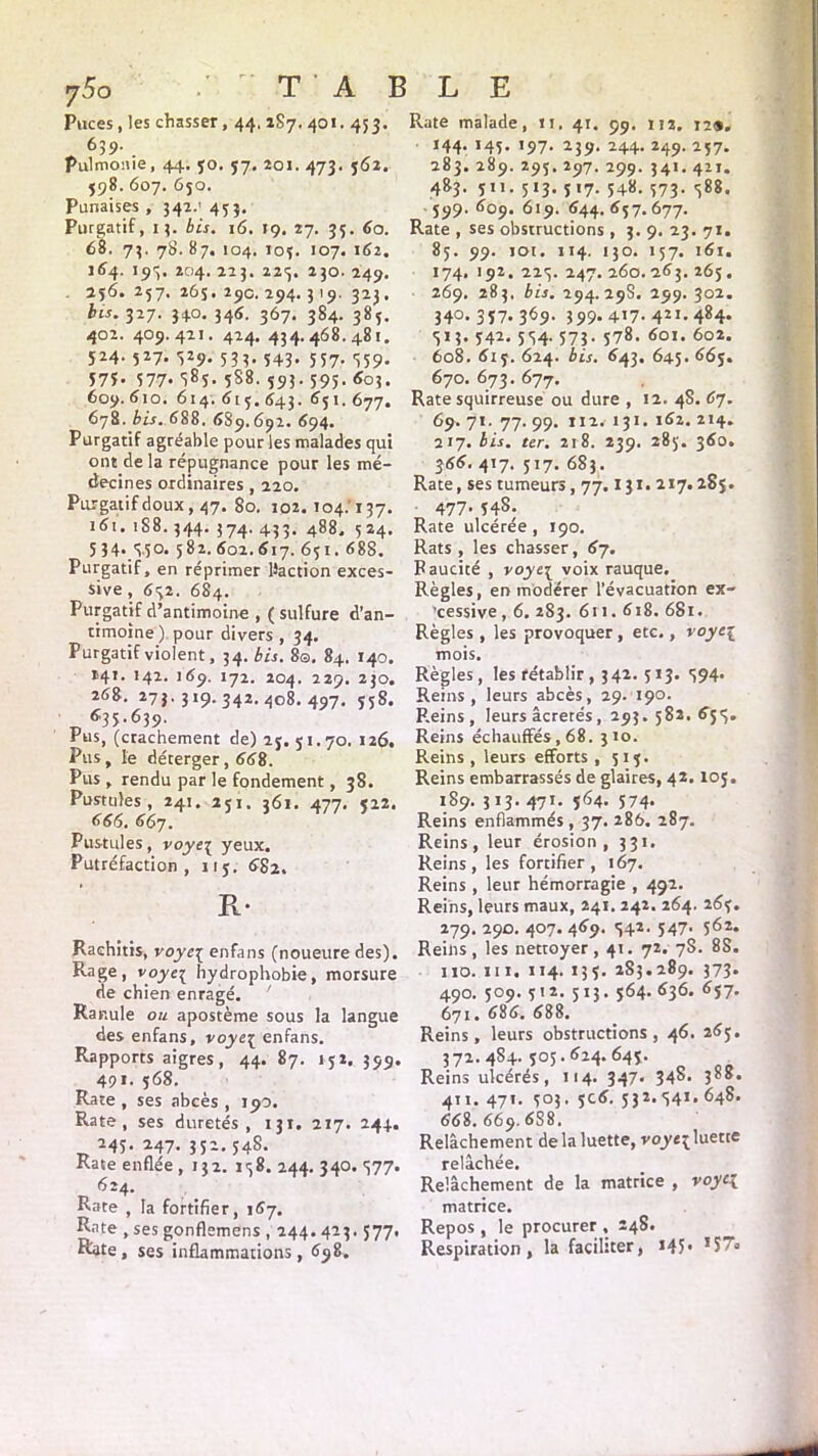 Puces, les chasser, 44.2S7. 401.453. 639. Pulmome, 44. 50. 57. 201. 473. y62. 598. 607. 650. Punaises , 341. 453. Purgatif, 13. bis. 16. 19. 27. 35. 60. 68. 73. 78. 87. 104. loy. 107. 162. 164. 193, 204. 213. 223. 230. 249. . 256. 257. 265. 29c. 294. 319. 323 . bis. 327. 340. 346. 367. 384. 383. 402. 409.421. 424. 434.468.481. 524. 527. 329. 533. 543. 557. 359. 575- 577* S8y. yS8. 593.595. 603. 609. 610. 614. 6ty. 643. 651. 677. 678. bis. 688. 6S9.692. 694. Purgatif agréable pour les malades qui ont de la répugnance pour les mé- decines ordinaires , 220. Purgatif doux, 47. 80. 102. 104.'137. 161. 1S8.344. 374. 433. 488, 524. 5 34. 3.50. 582. 602.617. 6yi. 688. Purgatif, en réprimer lîaction exces- sive , 632. 684. Purgatif d’antimoine , ( sulfure d’an- timoine) pour divers , 34. Purgatif violent, 34. bis. 8s. 84. 140. *4*. '41- >69. 172. 204. 229. 230. 268. 273. 319. 342.408. 497. 55S. «35-639- Pus, (crachement de) 2y. y 1.70. 126. Pus, le déterger, 668. Pus , rendu par le fondement, 38. Pustules, 241. 2yi. 361. 477. y22. 666. 667. Pustules, voye\ yeux. Putréfaction, 11 y. 682. R- Rachitis, voye\ enfans (noueure des). Rage, voyei hydrophobie, morsure de chien enragé. ' Rar.ule ou apostème sous la langue des enfans, voye{ enfans. Rapports aigres, 44. 87. iy2. 359. 49». 368. Rate , ses abcès , 190. Rate, ses duretés, 131. 217. 244. 245- 147- 35-- 548. Rate enflée, 132. 138. 244.340.377. 624. Rate , la fortifier, 167. Rate , ses gonflemens , 244. 423.577, Rate, ses inflammations, 698. Rate malade, n. 41. 99. 112. 12». 144. 145. 197. 239. 244. 249. 237. 283. 289. 293. 297. 299. 34t. 421. 483. y 11. 513. y 17. 548. 573. 388. 399. 609. 619. 644. 6y7. 677. Rate , ses obstructions , 3. 9. 23. 71. 85. 99. 101. 114. 130. 157. 161. 174. 192. 223. 247. 260.263. 265. 269. 283. bis. 294.298. 299. 302. 340- 3ï7.î69. 399. 4*7- 4JI-484- 313. 342. 534. 373. 378. 601. 602. 608. 613. 624. bis. 643. 645. 663. 670. 673. 677. Rate squirreuse ou dure , 12. 48. 67. 69. 71. 77. 99. 112. 131. 162. 214. 217. bis. ter. 218. 239. 285. 360. 366. 417. 317. 683. Rate, ses tumeurs, 77.131. 217.285. 477. 548. Rate ulcérée, 190. Rats , les chasser, 67. Paucité , voye{ voix rauque. Règles, en modérer l’évacuation ex- cessive , 6. 283. 611.618. 681. Règles , les provoquer, etc., voyeç mois. Règles, les rétablir , 342. 313. 394. Reins, leurs abcès, 29. 190. P.eins , leurs âcretés, 293. 582. 653. Reins échauffés , 68. 310. Reins, leurs efforts , 513. Reins embarrassés de glaires, 42.105. 189. 313. 471. 564. 574. Reins enflammés , 37. 286. 287. Reins, leur érosion, 331. Reins, les fortifier, 167. Reins , leur hémorragie , 492. Reins, leurs maux, 241. 242. 264. 263. 279. 290. 407. 469. 342. 547. 362. Reins, les nettoyer, 41. 72. 7S. 8S. 110. ni. 114. 135. 283.289. 373. 490. 509. 3 12. 513. 564. 636. 657. 671. 686. 688. Reins, leurs obstructions, 46. 263. 372. 4S4. 303.624.643. Reins ulcérés, 114. 347. 34°- 3®®* 411. 471. 303. 5C6. 332.341. 648. 668. 669. 6S8. Relâchement delà luette, voye^luette relâchée. Relâchement de la matrice , voyc[ matrice. Repos , le procurer , 248. Respiration, la faciliter, *45- !Ï7«