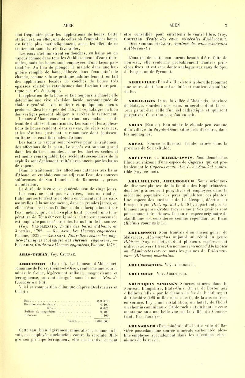 tout fréquentée pour les applications do lioues. Celte station est, en ell'et, une de celles où remploi des boues est fait le [tins méthodiquement, aussi les elfets de ce traitement sont-ils très favorables. Les eaux s’administrent en douches, en bains ou en vapeur comme dans tous les établissements d’eaux ther- males, mais les boues sont employées d’une façon par- ticulière. Au lieu de plonger le malade dans une bai- gnoire remplie de boue, délayée dans l’eau minérale chaude, comme cela se praliiiue babituellement, on fait des apidications locales de couches de boues très épaisses, véritables cataplasmes dont l’action tbérajieu- tique est très énergiipie. L’application de la bouc se fait toujours à chaud; elle détermine une vive révulsion locale, acconqiagnée de chaleur générale avec moiteur et quelquefois sueurs l»rofuses. Chez les sujets délicats, la cé}ilialalgie ou liien des vertiges peuvent obliger à an'èter le traitement. La cure d’.Vbano convient surtout aux malades souf- frant de diathèse rhumatismale. Les bains et les applica- tions de boucs rendent, dans ces cas, de réels services, et les résultats justilient la renommée dont jouissent en Italie les eaux tliermalcs d’Abano. Les bains de vapeur sont réservés pour le traitement des affections île la peau. Le succès est surtout grand dans les dartres humides; pour les dartres sèches il est moins remarquable. Les accidents secondaires de la syphilis sont également traités avec succès jiai-les bains de vapeur. Dans le traitement des alfections cutanées aux bains d’.\bano, on enqiloie comme adjuvant l’eau des sources sulfureuses de San Daniele et de Baineriana, pi'isi's à l’intérieur. La durée de la cure est généralement de vingt jours. Les eaux ne sont |ias exportées, mais on vend en Italie une sorte d’extrait obtenu en concentrant les eaux naturelles, à la source même, dans de grandes jarres, où elles s’éva}iorent sous riniluence du calorique fourni par l’eau même, qui, on l’a vu|dus haut, possède une tem- }iéralurc de 75° à centigrades. Cette eau concentrée est employée jiour jn-éparer des bains loin de la source. (Voy. M.'Vndkuzzato, Traité des hahis d’Abano, en d [larties, I79°2. —• Ueggiato, Les thermes etif/anéois, Badoue, 1833. — BACAZztNi, Nouvelles recherches phfi- sico-chimiqiies et Analyse des thermes cuyanéens. — Foscaiuni, Guide aux thermes euyanéens, Badoue, 1872. ) ABAS-THMAJ*. Voy. CAUCA.SE. ABKiitcouitT (Eau d’). Le hameau d’Abbecourt, commune de Boissy (Seine-et-Oisc), renferme nue source minérale froide, légèrement snifatég, magnésienne et ferrugineuse, souvent, désignée sous le nom d’Eau de rAbbaye du Yat. Voici sa composition chimique d’api'ès Deslanriers et Cadet : Eau Bicarijüuate do cljau.\ O.iüO for 0.0-25 Siilfato de uiagrii'simu 0.100 Cliloiure ~ 0.100 Tutal 1.000.000 Cette eau, bien légèrement minéralisée, comme on le voit, est employée quehpiefois conti'o la scrofule. Mal- gré son principe ferrugineux, elle est laxative et peut être conseillée pour entretenir le ventre libre. (Voy. CouïTAiiD, Traité des eaux minérales d’Abbecourt. — llESLAuruERS et C.ADET, Aiialysc des eaux minérales d’Abbecourt.) L’analyse de celle eau aurait besoin d’être faite de nouveau, elle renferme jirobablenient d’auti'es prin- cijtes fixes, et est sans doute analogue aux eaux de Sjia, de Forges ou de Byrmonl. ABBi'iviLi.i't (Eau (F). Il existe à .Mibeville (Somme) une source dont l’eau est acidulée et contient du sulfate de fer. ABnAi..iLCiii««. Dans la vallée d’Abdalagis, province de Malaga, sourdent des eaux minérales dont la sa- veur parait être celle d’un sel catbarti((ue et (jui sont purgatives. C’est tout ce qu’on en sait. .iBi'tiA (Eau (F). Eau minérale chaude peu connue d’un village du Biiy-de-Dome situé pi'ès d’issoire, dans les montagnes. ABEiJ.v. Source sulfureuse froide, située dans la [irovince de Soria-Bubio. .IBKLI'lliilE; ou ll.\BEL-A‘«i!i*I!S*. Noill doiiné (huiS l’Inde au rbizonie d’une espèce de Cyperus qui est pro- bahlement le Cyperus esculcutus L. ou Souchet conies- lilde (voy. ce mol). .VBEl.MEi.r<'ii, .\BEi>.'UOM'ru. A’oms orientaux de divei'scs plantes de la famille d(‘s Finphorbiacées, dont les graines sont purgatives et employées dans la médecine populaire des pays (ju’habileni ces planti's. line espèce des environs de La .Meci(ue, décrite par Brosper .\lpin {Ilist. ay. nul., I, 181), apjiartient proba- Idenient au genre Crotuu (voy. ce mot). Ses graines sont puissamment drasti(|ues. Lue autre espèce originaire de .Manilhanie est considérée comme répondant au Biciii {Ricinus communis L.). .EBEi.MOfniCii. Nom français d’un ancien genre de Malvacées, Abelmoschus, aujourd’hui réuni au geni'e Hibiscus (voy. ce mol), et dont plusieurs esiièces sont utilisées àdivers litres. On nomme semences d’Abel mosch ou d’Ambrette (voy. er. mol) les graines de ïAbelmos- chus {Hibiscus) moschatus. .,VBEEiMO<!»«'lll.:i§>. Voy. .VllEl.MOSCII. ABEI..UO!l>E. Voy. AiîELMOSC.II. .iBEAAQi’i.s Mi>BiA<.n^. Sources situées dans le .Nouveau llampshire, Fitats-Fnis. On va de Boston aux « Bellows falls » par le chemin de fer de Fichtbiii'g et du Cheshire (120 milles nord-ouest), de là aux souia'cs en voilui'c. Il y a nue installation, nn hôtel; de Fliôlid un chemin conduit au « Table rock » et du haut de cette montagne on a une belle vue sur la vallée du (.lonnec- licul. l*as d’analyse. .VBEA!i*B.%rii (Eau minérale d’). Beiile ville de Ba- vière possédant une source minérale carbonalée alca- line employée s)iécialement dans les alb'clions chro- niipu's de la vessie.