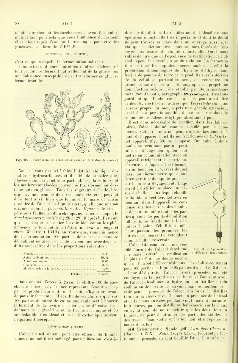 iiicnter (lirecicment, les saccliaroses peuvent fermenter, mais il faut pour eela que sous rinlluence du ferment elles aient repris l’eau (pii leur manque [)Our cire îles îjlucoscs de la formule 0“ 11'- 0 ; + 11-0 = ; c’est ce (|u’on appelle la fermentation indirecte. L’industrie doit donc pour obtenir l’alcool s’adresser à tout produit renfermant naturellement de. la glucose ou une substance susceptible de se transformer en glucose fermentescible. Nous n’avons pas ici à faire l’iiistoire cbimiifue des matières bydrocarbonées et il suffit de rajqieler f|ue, }dacées dans des condilions particulières, la cellulose et les matières amylacées peuvent se transformer en dex- trine puis en glucose. Tous les végétaux à fécule, blé, orge, avoine, pomme de terre, maïs, riz, etc., peuvent donc tout aussi bien que le jus et le marc de raisin produire de l’alcool. Le liquide sucré, quelle que soit son origine, subit la fermentation alcoolique ; celle-ci s’o- père sous rinlluence d’un champignon microscopi(|ue, le Saccharomicescerevisiæiûg.'iH et “29). D’aprèsM. Pasteur, qui est |)i-esque le premier à avoir bien connu les jibé- nonièncs de fermentation (Pasteur, Ann. de pliys. et chim., 3° série, f. LVIll), on trouve que, sous l’inlluence de la fermentation, 100 ]iarties de sucre de canne se dédoublent en alcool et acide carbonique, avec des jiro- duits accessoires dans les proportions suivantes : Alcool 51.11 Acide carbonique 40.42 Acide sucriiiique 0.07 Glycérine 3.10 Malière cédée à la levure 1.00 Total 105.’^O Dans ce total l’excès 5, 26 sur le cbilfre 100 de sac- cbarose mise en expérience représente l’eau absoi-béc par ce produit i(ui doit, on le sait, s’bydi'ater avant de pouvoir fennenter. Il résulte de ces ebilfres que sur 100 parties de sucre de canne nne seule sert à nourrir le lernient de la levure de bière, i se détruisent en donnant de la glycérine et de l’acide succinique et 95 se dédoublent en alcool et en acide carboni(|ue suivant l’équation lbéori(|ue : = 2C02 + 2CMI0. L’alcool ainsi obtenu peut être obtenu du liquide a(|ueux, auquel il est mélangé, iiar rectilîcation, c’est-à- dire |»ar distillation. La rectification de l’alcool est une opération industrielle très importante et dont le détail ne peut trouver sa place dans un ouvrage aussi spé- cial que ce dictionnaire; nous sommes forcés de ren- voyer aux traités de ebimie industrielle, (ju’il nous ! suflisede dire que de l’excellence de rectification de l’al- I cool dépend la |)ui‘clé du ])roduit obtenu. La fermenta- I tion de tous les liijuides sucrés amène en ell'et la ! ju’oduclion d’homologues de l’hydrate d’éthyle; dans les jus de |)omme de terre et de produits sucrés dérivés de la cellulose particulièrement, on rencontre en grande quantité des alcools aniyli(|ue et jiropyliqne dont l’action toxique a été établie par Dujardin-lîeau- metz (voy. Ai.cools, })aragra|)be i>ii>Ni»iosic). .Vussi au- jourd'hui ([lie l’industrie des alcools pour ainsi dire artificiels, c’est-à-dire autres que Vesprit-de-vin dans le sens propre du mot, a pris une grande extension, est-il à peu près impossible de se procurer dans le commerce de l’alcool éthylique absolument pur. Il est donc nécessaire de rectifier, dans les labora- toires, l’alcool donné comme rectifié jiar le com- merce. Cette rectification peut s’opérer facilement, à l’aide de l’appareil à distillation fractionnée de .M. ^Vürtz. Cet appareil (lig. 30) se compose d’un tube à deux lioules se terminant par un petit tube de dégagement ((u’on peut mettre en communication avec un appareil réfrigérant, la partie su- [lérieure de l’appareil est formée par un bouchon au travers duquel [lasse un thermomètre qui donne la température du liquide ([ui passe par le tube à dégagement. L’ap- |)areil à distiller se place au-des- sus du ballon dans lequel chaulfe le liquide à rectifier. Celui-ci en montant dans l’appareil se con- dense sur les parois des boules et de cette manière toutes les par- ties qui ont des points d’ébullition dilférents se fractionnent, les li- ipiides à point d’ébnilition infé- rieur passant les premiers, les autres se condensant et retombant dans le liallon réservoir. L’alcool de commerce ainsi rec- tifié fournit de l’alcool éthylique pur mais hydraté, la rcctificalion la plus parfaite ne donne encore (jue de l’alcool à 95“ centésimaux, c’est-à-dire contenant pour lUO jiarties de li([uide 95 parties d'alcool et 5 d’eau. Cour déshydrater l’alcool divers jirocédés ont été employés; si la (luantitè est petite et si l’on veut avoir de l’alcool absolument anhydre, on peut distiller sur du sodium ou de l’oxyde île baryum, mais le meilleur ]u'o- cédé pour se procurer de l’alcool absolu est la distilla- tion sur la chaux vive. On met en jirèsence de l’alcool et de la chaux en excès pendant vingt-ijuatre à (juarante- hnit heures, imis on ilistille au bain-marie sur la chaux ('Il avant soin de ne recueillir (jue les deux tii'rs du liipiicie, de peur d’enirainer des iiarticules solides et des traces d’eau. Cette 0)tération doit être répétée au moins deux fois. M.M. Erlenmeyer et Mendeh'jetl’ [Ann. der. Chem. n. Pharm., t. CL\'.—Zeitschr. fur Chem., 1S65) ont perfec- tionné ce ])rocédé, ils font bouillir 1 alcool en présence t Fig. 30. — Appareil à distillalion fraolionnee.