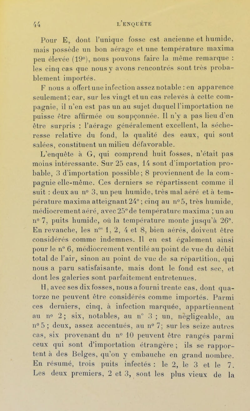 Pour E, dont l’unique fosse est ancienne et humide, mais possède un l)on aérage et une température maxima peu élevée (19°), nous ])Ouvons faire la même remarque : les cinq cas que nous y avons rencontrés sont très proba- blement importés. F nous a olfertune infection assez notable : en apparence seulement; car, sur les vingt et un cas relevés tà cette com- pagnie, il n’en est pas un au sujet duquel l’importation ne puisse être affirmée ou soupçonnée. Il n’y a pas lieu d’en être surpris : l’aérage généralement excellent, la séche- resse relative du fond, la qualité des eaux, qui sont salées, constituent un milieu défavorable. L’enquête à G, qui comprend huit fosses, n’était pas moins intéressante. Sur 25 cas, 14 sont d’importation pro- bable, 3 d’importation possible; 8 proviennent de la com- pagnie elle-même. Ces derniers se répartissent comme il suit : deux au n° 3, un peu humide, très mal aéré et à tem- pérature maxima atteignant 24° ; cinq au n°5, très humide, médiocrement aéré, avec 25° de température maxima ; un au n° 7, puits humide, où la température monte jusqu’à 26°. En revanche, les n°'^ 1,2, 4 et 8, bien aérés, doivent être considérés comme indemnes. Il en est également ainsi pour le n° 6, médiocrement ventilé au point de vue du débit total de l’air, sinon au point de vue de sa répartition, qui nous a paru satisfaisante, mais dont le fond est sec, et dont les galeries sont parfaitement entretenues. II, avec ses dix fosses, nous a fourni trente cas, dont qua- torze ne ])euvent être considérés comme importés. Pai'ini ces derniers, cinq, à infection marquée, appartiennent au no 2 ; six, notables, au n .3 ; un, négligeable, au 11° 5 ; deux, assez accentués, au n° 7; sur les seize autres cas, six provenant du n° 10 peuvent être rangés parmi ceux qui sont d’importation étrangère ; ils se rappor- tent à des Belges, qu’on y embauche en grand nombre. En résumé, trois puits infectés : le 2, le 3 et le 7. Les deux premiers, 2 et 3, sont les plus vieux de la