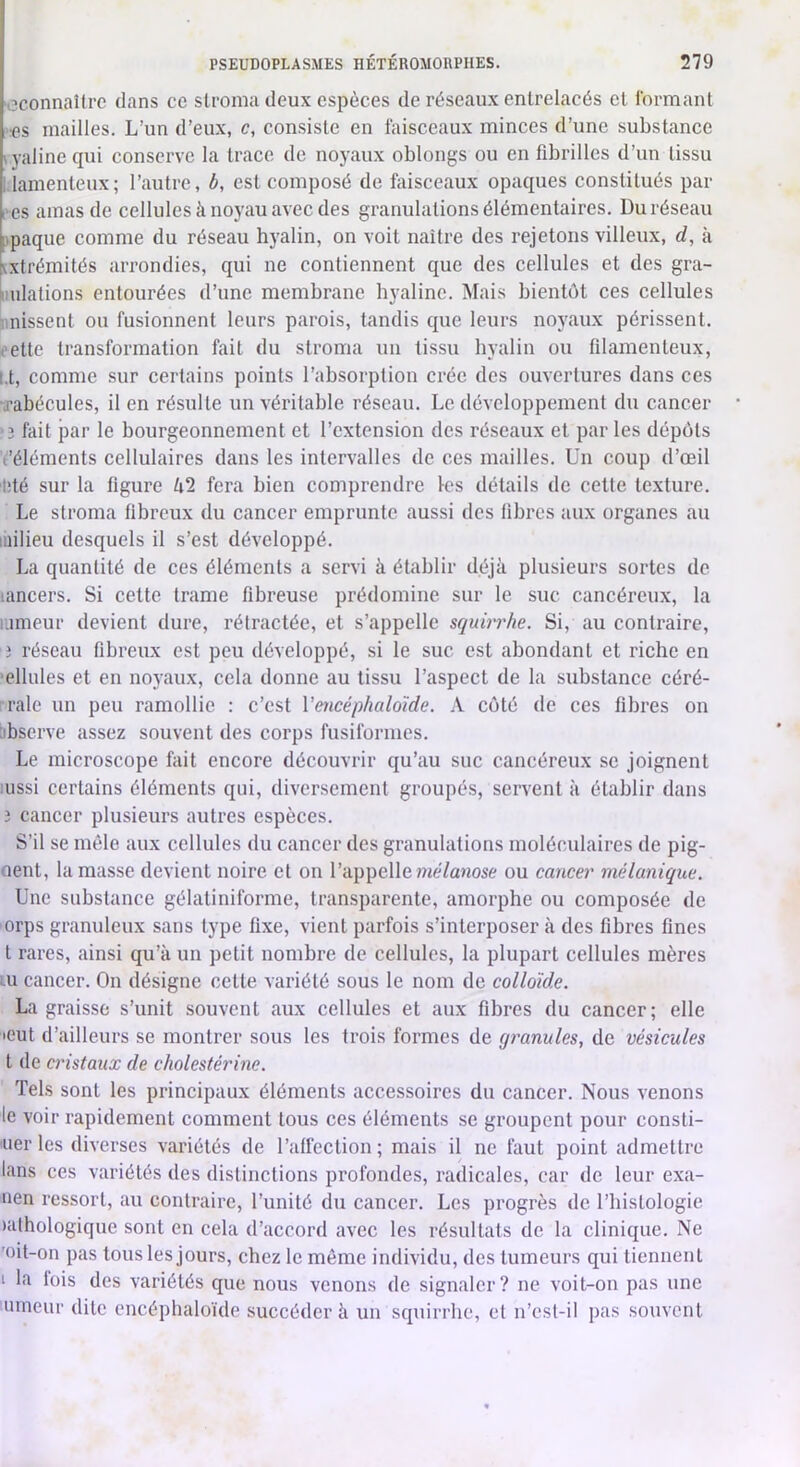 ^connaître dans ce stroma deux espèces de réseaux entrelacés et formant ;cs mailles. L’un d’eux, c, consiste en faisceaux minces d’une substance ^yalinequi conserve la trace de noyaux oblongs ou en fibrilles d’un tissu . lamenteux; l’autre, b, est composé de foisceaux opaques constitués pai- res amas de cellules à noyau avec des granulations élémentaires. Du réseau ipaque comme du réseau hyalin, on voit naître des rejetons villeux, d, à Kxtrémités arrondies, qui ne contiennent que des cellules et des gra- imlations entourées d’une membrane hyaline. Mais bientôt ces cellules iinissent ou fusionnent leurs parois, tandis que leurs noyaux périssent, rette transformation fait du stroma un tissu hyalin ou filamenteux, l.t, comme sur certains points l’absorption crée des ouvertures dans ces ■rabécules, il en résulte un véritable réseau. Le développement du cancer •3 fait par le bourgeonnement et l’extension des réseaux et par les dépôts Véléments cellulaires dans les intervalles de ces mailles. Un coup d’œil lîté sur la figure kl fera bien comprendre les détails de cette texture. Le stroma fibreux du cancer emprunte aussi des fibres aux organes au lailieu desquels il s’est développé. La quantité de ces éléments a servi à établir déjà plusieurs sortes de lancers. Si cette trame fibreuse prédomine sur le suc cancéreux, la iiimeur devient dure, rétractée, et s’appelle squiiThe. Si, au contraire, 3 réseau fibreux est peu développé, si le suc est abondant et riche en ■ellules et en noyaux, cela donne au tissu l’aspect de la substance céré- : raie un peu ramollie : c’est Vencéphaloîde. A coté de ces fibres on bbserve assez souvent des corps fusiformes. Le microscope fait encore découvrir qu’au suc cancéreux se joignent :ussi certains éléments qui, diversement groupés, servent à établir dans 3 cancer plusieurs autres espèces. S’il se mêle aux cellules du cancer des granulations moléculaires de pig- nent, la masse devient noire et on l’appelle mé/anose ou cancer mélanique. Une substance gélaliniforme, transparente, amorphe ou composée de orps granuleux sans type fixe, vient parfois s’interposer à des fibres fines t rares, ainsi qu’à un petit nombre de cellules, la plupart cellules mères ^u cancer. On désigne cette variété sous le nom de colloïde. La graisse s’unit souvent aux cellules et aux fibres du cancer; elle •eut d’ailleurs se montrer sous les trois formes de granules, de vésicules l de cristaux de cholestérine. Tels sont les principaux éléments accessoires du cancer. Nous venons le voir rapidement comment tous ces éléments se groupent pour consti- uer les diverses variétés de l’affection; mais il ne faut point admettre lans ces variétés des distinctions profondes, radicales, car de leur exa- nen ressort, au contraire, l’unité du cancer. Les progrès de l’histologie lathologique sont en cela d’accord avec les résultats de la clinique. Ne ’oit-on pas tous les jours, chez le même individu, des tumeurs qui tiennent I la fois des variétés que nous venons de signaler? ne voit-on pas une luneur dite encéphaloïde succéder à un squirrhe, el n’csl-il pas souvent