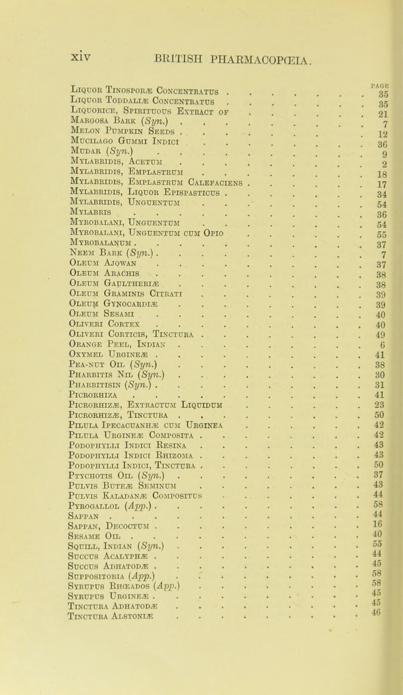 Liquor Txnospor;e Conckntratus . Liquor Toddali^e Concentratus Liquorice, Spirituous Extract of Maroosa Baric (Syn.) . Melon Pumpkin Seeds . Mucilago Gummi Indici Mudar (Syn.) Mtlabbidis, Acetum Mylabridis, Emplastrum Mylabridis, Ejiplastbum Calefaciens Mylabridis, Liquor Epispasticus Mylabridis, Unguentusi Mylabris Myrobalani, Unguentum Myrobalani, Unguentum cum Opio Mybobalahum . Neem Bark (Syn.) Oledji Ajowan Oleum Arachis Oleum Gaultheri,® Oleum Graminis Citrati Oleu^ Gynocardi® Oleum Sesami Oliveri Cortex Olr'eri Corticis, Tinctuba Orange Peel, Indian OxYMEL UbGINEjE . Pea-nut Oil (Syn.) Pharbitis Nil (Syn.) Pharbitisin (Syn.) . PiCRORHIZA PicRORHizffi, Extractum Liquidum PlCRORHIZ^E, TiNCTURA PiLULA IpECACUANHIE CU3I UrGINEA PiLULA Urgineie Composita PoDOPHYLLi Indici Eesina PoDOPHYLLi Indici Rhizojia PoDOPHYLLi Indici, Tinctura Ptychotis Oil (Syn.) PuLvis Buteib Seminuji PuLvis Kaladan;e Cojipositus Pyrogallol (App.). Sappan . Sappan, Decoctum . Sesame Oil . Squill, Indian (Syn.) Succus Acalyphie . Succus Adiiatod;e . Suppositoria (App.) Syrupus Rikeados (App.) Syrupub Uroine;e . Tinctura ADiiATODyE Tinctura Alstoniie PAGE 35 35 21 7 12 30 9 2 18 17 34 54 36 54 55 37 7 37 38 38 39 39 40 40 49 6 41 38 30 31 41 23 50 42 42 43 43 50 37 43 44 58 44 16 40 55 44 45 58 58 45 45 46