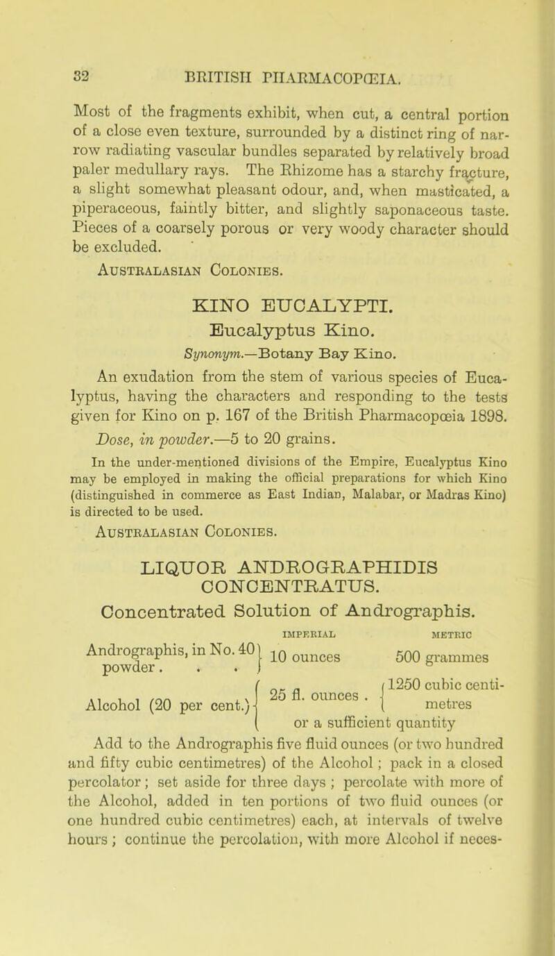 Most of the fragments exhibit, when cut, a central portion of a close even texture, surrounded by a distinct ring of nar- row radiating vascular bundles separated by relatively broad paler medullary rays. The Rhizome has a starchy fracture, a slight somewhat pleasant odour, and, when masticated, a piperaceous, faintly bitter, and slightly saponaceous taste. Pieces of a coarsely porous or very woody character should be excluded. Australasian Colonies. KINO EUCALYPTI. Eucalyptus Kino. Synonym.—Botany Bay Kino. An exudation from the stem of various species of Euca- lyptus, having the characters and responding to the tests given for Kino on p. 167 of the British Pharmacopoeia 1898. Dose, in powder.—5 to 20 grains. In the under-mentioned divisions of the Empire, Eucalyptus Kino may be employed in making the official preparations for which Kino (distinguished in commerce as East Indian, Malabar, or Madras Kino) is directed to be used. Australasian Colonies. LIQUOR ANDROGRAPHIDIS OONOENTRATUS. Concentrated Solution of Andrographis. IMPERIAL METRIC Andrographis, in No. 40 powder. 10 ounces Alcohol (20 per cent.) 25 fl. ounces 500 grammes (1250 cubic centi- I metres or a sufficient quantity Add to the Andrographis five fluid ounces (or two hundred and fifty cubic centimetres) of the Alcohol; pack in a closed percolator; set aside for three days ; percolate with more of the Alcohol, added in ten portions of two fluid ounces (or one hundred cubic centimetres) each, at intervals of twelve hours ; continue the percolation, with more Alcohol if neces-