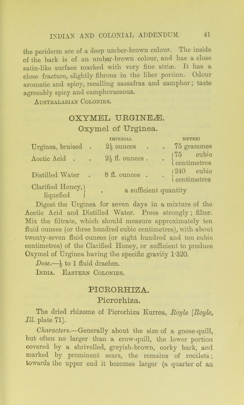 the pei’idenn are of a deep umber-brown colour. The inside of the bark is of an uinbef-brown colour, and has a close satin-like surface marked with very fine striae. It has a close fracture, shghtly fibrous in the liber portion. Odour aromatic and spicy, I'ecalling sassafras and camphortaste agreeably spicy and camphoraceous. Austealasian Colonies. OXYMEL. URGIKE^. Oxymel of Urginea. Urginea, braised Acetic Acid . Distilled Water IMPERIAL 21 ounces fl. ounces . 8 fl. ounces . METRIC 75 grammes (75 cubic 1 centimetres 1240 cubic 1 centimetres Claiified Honey, | ^ ^ sufficient quantity liquefied ) Digest the Urginea for seven days in a mixture of the Acetic Acid and Distilled Water. Press strongly; filter. Mix the filtrate, which should measure approximately ten fluid ounces (or three hundred cubic centimetres), with about twenty-seven fluid ounces (or eight hundred and ten cubic centimetres) of the Clarified Honey, or sufficient to produce Oxymel of Urginea having the specific gravity 1-320. Dose.—^ to 1 fluid drachm. India. Easteen Colonies. PICROIIHIZA. Picrorliiza. The dried rhizome of Picrorhiza Kurroa, Boyle [Boyle, III. plate 71]. Characters.—Generally about the size of a goose-quill, but often no larger than a crow-quill, the lower portion covered by a shrivelled, greyish-brown, corky bark, and marked by prominent scars, the remains of rootlets; towards the upper end it becomes larger (a quarter of an