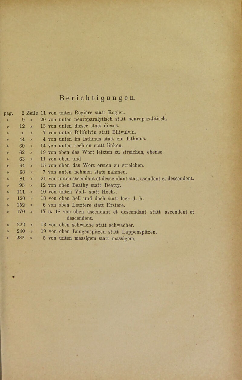 Berichtigungen. pag. 2 Zeile 11 von unten Rogiere statt Rogier. P 9 P 20 von unten neuroparalytisch statt neuroparalitisch. P 12 P 13 von unten dieser statt dieses. P P P 7 von unten Bilifulvin statt Bilivulvin. » 44 P 4 von unten im Isthmus statt ein Isthmus. P 60 P 14 von unten rechten statt linken. P 62 P 19 von oben das Wort letzten zu streichen, ebenso P 63 P 11 von oben und P 64 P 15 von oben das Wort ersten zu streichen. P 68 )> 7 von unten nehmen statt nahmen. P 81 P 21 von unten ascendant et descendant statt asendent et descendent. P 95 P 12 von oben Beathy statt Beatty. P 111 P 10 von unten Voll- statt Hoch-. P 120 P 18 von oben hell und doch statt leer d. h. P 152 P 6 von oben Letztere statt Erstere. P 170 P 17 u. 18 von oben ascendant et descendant statt ascendent et descendent. P 222 P 13 von oben schwache statt schwacher. P 240 P 19 von oben Lungenspitzen statt Lappenspitzen. P 282 P 5 von unten massigem statt massigem.