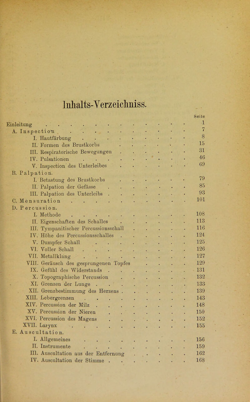 Inlialts-V erzeicliniss. Seite Einleitung ^ A. InspectioTi I. Hautfärbung 8 II. Formen des Brustkorbs . . . • • • III. Respiratorische Bewegungen ...... 81 IV. Pulsationen V. Inspection des Unterleibes ...... 69 B. Palpation. I. Betastung des Brustkorbs ...... 79 II. Palpation der Gefässe ....... 85 III. Palpation des Unterleibs 93 C. Mensuration 101 1). P ercussion. I. Methode 108 II. Eigenschaften des Schalles 113 in. Tympanitischer Percussionsschall 116 IV. Höhe des Percussionsschalles 124 V. Dumpfer Schall ........ 125 VI. Voller Schall . 126 VII. Metallklang ......... 127 VIII. Geräusch des gesprungenen Topfes .... 129 IX. Gefühl des Widerstands 131 X. Topographische Percussion 132 XI. Grenzen der Lunge 133 XII. Grenzbestimmung des Herzens 139 XIII. Lebergrenzen 143 XIV. Percussion der Milz 148 XV. Percussion der Nieren . 150 XVI. Percussion des Magens 152 XVII. Latynx 155 E. Auscultation. I. Allgemeines 156 II. Instrumente 159 III. Auscultation aus der Entfernung 162 IV. Auscultation der Stimme 168