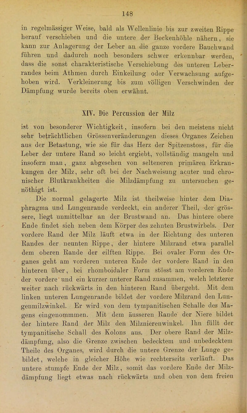 in regelmässiger Weise, bald als Wellenlinie bis zur zweiten Rippe herauf verschieben und die untere der Beckenhöhle nähern, sie kann zur Anlagerung der Leber an die ganze vordere Bauchwand führen und dadurch noch besonders schwer erkennbar werden, dass die sonst charakteristische Verschiebung des unteren Leber- randes beim Atbmen durch Einkeilung oder Verwachsung aufge- hoben wird. Verkleinerung bis zum völligen Verschwinden der Dämpfung wurde bereits oben erwähnt. XIV. Die Percussion der Milz ist von besonderer Wichtigkeit, insofern bei den meistens nicht sehr beträchtlichen Grösseuveräuderungen dieses Organes Zeichen aus der Betastung, wie sie für das Herz der Spitzeustoss, für die Leber der untere Rand so leicht ergiebt, vollständig mangeln und insofern mau, ganz abgesehen von selteneren primären Erkran- kungen der Milz, sehr oft bei der Nachweisung acuter und chro- nischer Blutkrankheiten die Milzdämpfung zu untersuchen ge- nöthigt ist. Die normal gelagerte Milz ist theilweise hinter dem Dia- phragma und Lungenrande verdeckt, ein anderer Theil, der grös- sere, liegt unmittelbar an der Brustw'aud an. Das hintere obere Ende findet sich neben dem Körper des zehnten Brustwirbels. Der vordere Rand der Milz läuft etwa in der Richtung des unteren Randes der neunten Rippe, der hintere Milzrand etwa parallel dem oberen Rande der eilften Rippe. Bei ovaler Form des Or- ganes geht am vorderen unteren Ende der vordere Rand in den hinteren über, bei rhomboidaler Form stösst am vorderen Ende der vordere und ein kurzer unterer Rand zusammen, welch letzterer weiter nach rückwärts in den hinteren Rand übergeht. Mit dem linken unteren Lungenraude bildet der vordere Milzraud den Luu- genmilzwinkel. Er wird von dem tympanitischen Schalle des Ma- gens eiugenommmen. Mit dem äusseren Rande der Niere bildet der hintere Rand der Milz den Milzniereuwiukel. Ihn füllt der tympanitische Schall des Kolons aus. Der obere Rand der Milz- dämpfuug, also die Grenze zwischen bedecktem und unbedecktem Theile des Organes, wird durch die untere Gx’enze der Lunge ge- bildet, welche in gleicher Höhe wie rechterseits veidäuft. Das untere stumpfe Ende der Milz, somit das vordere Ende der Milz- dämpfung liegt etwas nach rückwärts und oben von dem freien