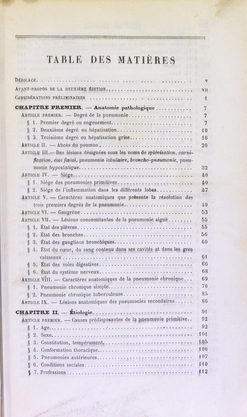 TABLE DES MATIERES Dépicace. . .... v Avant-propos de la deuxième édition.. vu Considérations préliminaires 1 CHAPITRE PREMIER. — Anatomie pathologique 7 Article premier. — Degré de la pneumonie 7 § 1. Premier degré ou engouement 7 § 2. Deuxième degré ou hépatisation 10 § 3. Troisième degré ou hépatisation grise 16 Article II. —Abcès du poumon 20 Article (II.—Des lésions désignées sous les noms de splénisation, carni- fication, état fœtal, pneumonie lobulaire, broncho-pneumonie, pneu- monie hypostalique 32 Article IV. — Siège , y 40 § 1. Siège des pneumonies primitives 40 § 2. Siège de l’inflammation dans les différents lobes 47 Article V. — Caractères anatomiques que présente la résolution des trois premiers degrés de la pneumonie 49 Article VI. — Gangrène 53 Article VII. — Lésions concomitantes delà pneumonie aiguë 55 § 1. Étal des plèvres 55 § 2. État des bronches 56 § 3. État des ganglions bronchiques 60 § 4. État du cœur, du sang contenu dans ses cavités et dans les gros vaisseaux • • • • 61 § 5. État des voies digestives 66 § 6. État du système nerveux 68 Article VÎII. — Caractères anatomiques de la pneumonie chronique. . . 69 § 1. Pneumonie chronique simple 70 § 2. Pneumonie chronique tuberculeuse 85 Article IX. — Lésions anatomiques des pneumonies secondaires 86 CHAPITRE II. — Étiologie 91 Article premier. — Causes prédisposantes de la ppeumonie primitive.. 92 § 1. Age : • 92 § 2. Sexe 191 § 3. Constitution, tempérarpent ? • • • 105 § 4. Conformation thoracique 19® § 5. Pneumonies antérieures 107 § 6. Conditions sociales 110 § 7. Professions J12