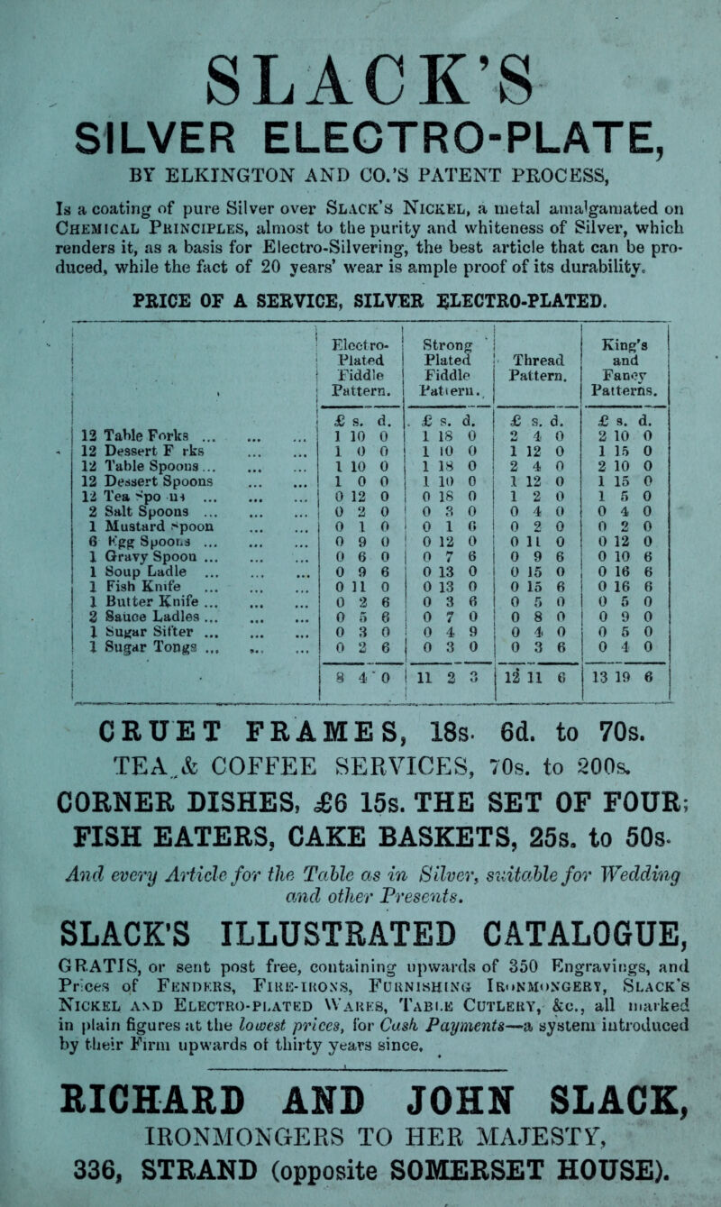 SLACK’S SILVER ELECTRO-PLATE, BY ELKINGTON AND CO.’S PATENT PROCESS, Is a coating of pure Silver over Slack’s Nickel, a metal amalgamated on Chemical Principles, almost to the purity and whiteness of Silver, which renders it, as a basis for Electro-Silvering, the best article that can be pro- duced, while the fact of 20 years’ wear is ample proof of its durability* PRICE OF A SERVICE, SILVER ELECTRO-PLATED. ! ; . , | Electro- plated Fiddle Pattern. Strong i Plated Fiddle Pattern. Thread. Pattern. King's and Fancy Patterns. 1 £ s. d. . £ s. d. £ s. d. £ s. d. 12 Table Forks 1 10 0 1 18 0 2 4 0 2 10 0 12 Dessert F rks 1 0 0 1 10 0 1 12 0 1 15 0 12 Table Spoons 1 10 0 1 18 0 2 4 0 2 10 0 12 Dessert Spoons 1 0 0 1 10 0 1 12 0 1 15 0 12 Tea >po m 0 12 0 0 IS 0 1 2 0 1 5 0 2 Salt Spoons 0 2 0 0 3 0 0 4 0 0 4 0 1 Mustard spoon 0 1 0 0 1 6 0 2 0 0 2 0 6 Kgg Spoons 0 9 0 0 12 0 0 11 0 0 12 0 1 Gravy Spoon 0 6 0 0 7 6 0 9 6 0 10 6 1 Soup Ladle 0 9 6 0 13 0 0 15 0 0 16 6 1 Fish Knife 0 11 0 0 13 0 0 15 6 0 16 6 1 Butter Knife 0 2 6 0 3 6 0 5 0 0 5 0 2 Sauce Ladles 0 5 6 0 7 0 0 8 O 0 9 0 1 Sugar Sifter 0 3 0 0 4 9 0 4 0 0 5 0 1 Sugar Tongs ... 0 2 6 0 3 0 0 3 6 0 4 0 . I j 8 4' 0 ! ii 2 3 12 11 6 13 19 6 CRUET FRAMES, 18s- 6d. to 70s. TEA ife COFFEE SERVICES, 70s. to 200s. CORNER DISHES, £6 15s. THE SET OF FOUR; FISH EATERS, CAKE BASKETS, 25s. to 50s- And every Article for the Table as in Silver, suitable for Wedding and other Presents. SLACK’S ILLUSTRATED CATALOGUE, GRATIS, or sent post free, containing upwards of 350 Engravings, and Prices of Fenders, Fire-irons, Furnishing Ironmongery, Slack's Nickel and Electro-plated Wares, Table Cutlery, &c., all marked in plain figures at the lowest prices, for Cash Pay merit s—a system introduced by their Firm upwards ot thirty years since, RICHARD ^AND JOHN SLACK, IRONMONGERS TO HER MAJESTY, 336, STRAND (opposite SOMERSET HOUSE).