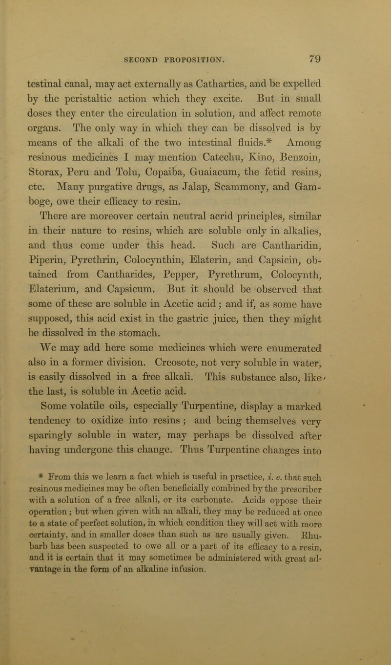 testinal canal, may act externally as Catliarties, and be expelled by the peristaltic action wliicli they excite. But in small doses tliey enter tlie circulation in solution, and aflPect remote organs. The only way in which they can be dissolved is by means of the alkali of the two intestinal fluids.* Among resinous medicines I may mention Catechu, Kino, Benzoin, Storax, Peru and Tolu, Copaiba, Guaiacum, the fetid resins, etc. Many purgative drugs, as Jalap, Scammony, and Gam- boge, owe their efficacy to resin. There are moreover certain neutral acrid principles, similar in their nature to resins, which are soluble only in alkalies, and thus come imder this head. Such are Cantharidin, Piperin, Pyrethrin, Colocynthin, Elateriii, and Capsicin, ob- tained from Cantharides, Pepper, Pyrethrum, Colocynth, Elaterium, and Capsicum. But it should be observed that some of these are soluble in Acetic acid; and if, as some have supposed, this acid exist in the gastric juice, then they might be dissolved in the stomach. We may add here some medicines which were enumerated also in a former division. Creosote, not very soluble in water, is easily dissolved in a free alkali. This substance also, like-' the last, is soluble in Acetic acid. Some volatile oils, especially Turpentine, display a marked tendency to oxidize into resins ; and being themselves very sparingly soluble in water, may perhaps be dissolved after having undergone this change. Thus Turpentine changes into * From this we learn a fact which is useful in practice, i. e. that sucli resinous medicines may be often beneficially combined by the prescriber with a solution of a free alkali, or its carbonate. Acids oppose their operation ; but when given with an alkali, they may be reduced at once to a state of perfect solution, in which condition they will act with more certainty, and in smaller doses than such as are usually given. Phu- barb has been suspected to owe all or a part of its efficacy to a resin, and it is certain that it may sometimes be administered with great ad- vantage in the form of an alkaline infusion.