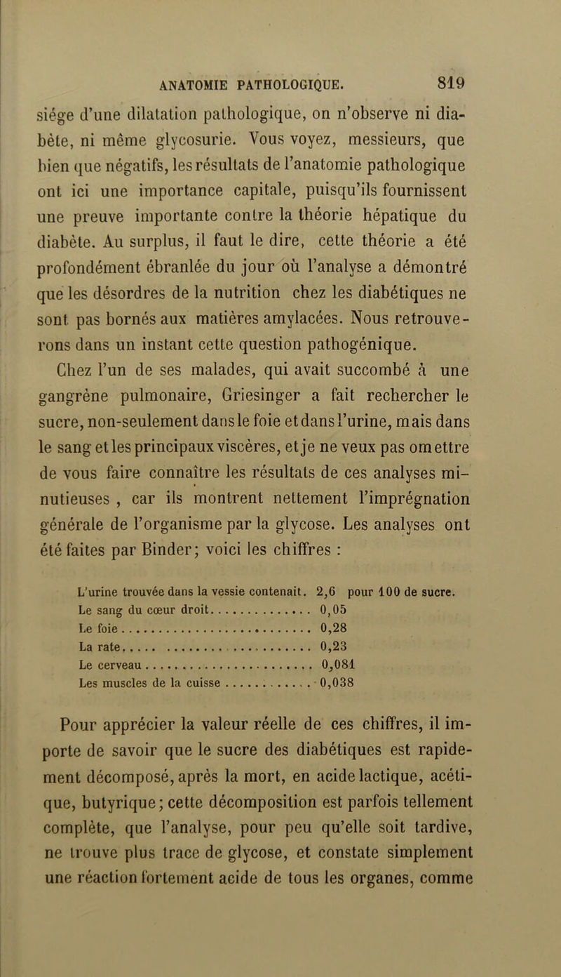 siège d’une dilatation pathologique, on n’observe ni dia- bète, ni même glycosurie. Vous voyez, messieurs, que bien que négatifs, les résultats de l’anatomie pathologique ont ici une importance capitale, puisqu’ils fournissent une preuve importante contre la théorie hépatique du diabète. Au surplus, il faut le dire, cette théorie a été profondément ébranlée du jour où l’analyse a démontré que les désordres de la nutrition chez les diabétiques ne sont pas bornés aux matières amylacées. Nous retrouve- rons dans un instant cette question pathogénique. Chez l’un de ses malades, qui avait succombé à une gangrène pulmonaire, Griesinger a fait rechercher le sucre, non-seulement dans le foie et dans l’urine, mais dans le sang et les principaux viscères, et je neveux pas omettre de vous faire connaître les résultats de ces analyses mi- nutieuses , car ils montrent nettement l’imprégnation générale de l’organisme par la glycose. Les analyses ont été faites par Binder; voici les chiffres : L’urine trouvée dans la vessie contenait. 2,6 pour 100 de sucre. Le sang du cœur droit 0,05 Le foie 0,28 La rate 0,23 Le cerveau 0,081 Les muscles de la cuisse 0,038 Pour apprécier la valeur réelle de ces chiffres, il im- porte de savoir que le sucre des diabétiques est rapide- ment décomposé, après la mort, en acide lactique, acéti- que, butyrique; cette décomposition est parfois tellement complète, que l’analyse, pour peu qu’elle soit tardive, ne trouve plus trace de glycose, et constate simplement une réaction fortement acide de tous les organes, comme