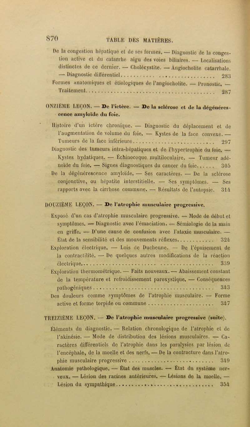 S70 Do la coiigeslioii hôpaliqiio el de ses formes. — Oiagnoslic de la conges- liüti active el du catarrhe ai{fu des voies biliaires. — Localisations distinctes de ce dernier. — Cholécystite. — Angiocholile catarrhale. — Diagnostic dilTérenliel 283 Formes anatomiques et étiologiques de l’angiocholite. — Pronostic. — Traitement 287 ON//1LME LEÇON. — De l’ictère. — De la sclérose et de la dégénéres- cence amyloïde du foie. Histoire d’un ictère chronique. — Diagnostic du déplacement et de l’augmentation de volume du foie. — Kystes de la face convexe. — Tumeurs de la lace inférieure 297 Diagnostic des tumeurs inlra-hépatiques et de l’hypertrophie du foie. — Kystes hydatiques. — Échinocoque multiloculaire. — Tumeur adé- noïde du foie. — Signes diagnostiques du cancer du foie 305 De la dégénérescence amyloïde. — Ses caractères. — De la sclérose conjonctive, ou hépatite interstitielle. — Ses symptômes. — Ses rapports avec la cirrhose commune. — Résultats de l’autopsie. 31é DOUZIÈME LEÇON. — De l’atrophie musculaire progressive. Exposé d’un cas d’atrophie musculaire progressive. — Mode de début et symptômes. — Diagnostic avec l’émaciation. — Sémiologie delà main en grille. — D’une cause de confusion avec l’ataxie musculaire. — État de la sensibilité et des mouvements réflexes 324 Exploration électrique. — Lois de Duchenne. — De l’épuisement de la contractilité. — De quelques autres modifications de la réaction électrique 339 Exploration therniométrique. — Faits nouveaux. — Abaissement constant de la température et refroidissement paroxystique. — Conséquences pathügéniques 343 Des douleurs comme .“îymptômes de l’atrophie musculaire. — Forme active et forme torpide ou commune 347 TREIZIÈME LEÇON. — De l’atrophie musculaire progressive (suite). Éléments du diagnostic. — Relation chronologique de l’atrophie et de l’akinésie. — Mode de distribution des lésions musculaires. — Ca- ractères différentiels de l’atrophie dans les paralysies par lésion de l’encéphale, de la moelle et des nerfs. — De la contracture dans l’atro- phie musculaire progressive 349 .\natomie pathologique. — État des muscles. — État du système ner- veux. — Lésion des racines antérieures. — Lésions de la moelle. — Lésion du sympathique 354