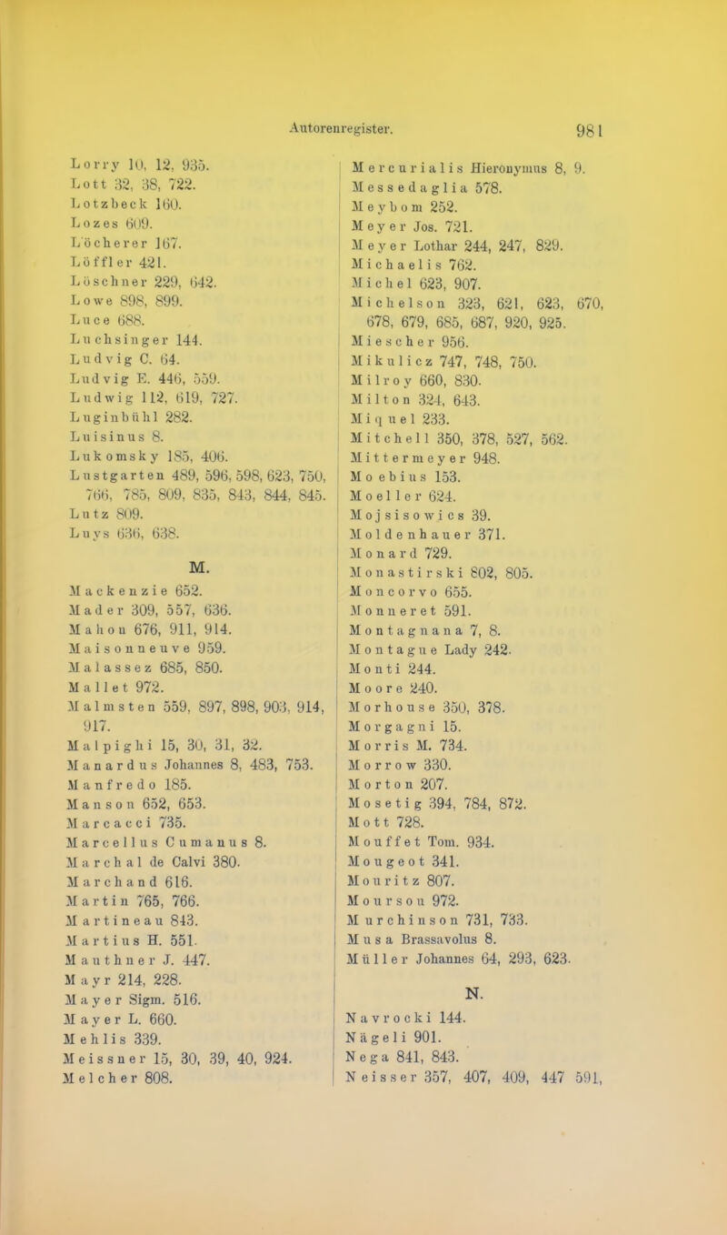 Lorry 10, 12, 935. Lott 32, 38, 722. Lotzbeck 130. Lozes 609. Lockerer 167. Löf fl er 421. Löschnei* 229, 342. Lowe 898, 899. Luce 688. Luchsinger 144. Ludvig C. 64. Ludvig E. 446, 559. Ludwig 112, 619, 727. Luginbnhl 282. Luisinus 8. Luk omsk y 185, 406. Lustgarten 489, 596, 598, 623, 750, 766, 785, 809, 835, 843, 844, 845. Lutz 809. Luvs 636, 638. M. Mackenzie 652. Mader 309, 557, 636. Mahou 676, 911, 914. Maisonueuve 959. M a 1 a s s e z 685, 850. Mailet 972. Malmsten 559, 897, 898, 903, 914, 917. M a 1 p i g h i 15, 30, 31, 32. M a n a r d u s Johannes 8, 483, 753. M a n f r e d o 185. M anson 652, 653. M a r c a c c i 735. Marcellus Cumanus 8. M a r c h a 1 de Galvi 380. Marchand 616. Martin 765, 766. Martineau 843. M artius H. 551. Mauthner J. 447. Mayr 214, 228. Mayer Sigm. 516. Mayer L. 660. Mehlis 339. Meissner 15, 30, 39, 40, 924. Melcher 808. Mercurialis Hieronymus 8, 9. Messedaglia 578. Meybom 252. M e y e r Jos. 721. Meye r Lothar 244, 247, 829. Michaelis 762. Michel 623, 907. Michelson 323, 621, 623, 670, 678, 679, 685, 687, 920, 925. Miesche r 956. Mikulicz 747, 748, 750. Milroy 660, 830. Mil ton 324, 643. M i q u e 1 233. Mitchell 350, 378, 527, 562. Mittermeyer 948. : M o e b i u s 153. M o e 1 1 e r 624. Mojsisowics 39. Moldenhauer 371. Monard 729. Monastirski 802, 805. Moncorvo 655. Monneret 591. Montagnana 7, 8. Montague Lady 242. M o n t i 244. Moore 240. M orhouse 350, 378. Morgagni 15. Morris M. 734. M o r r o w 330. Morton 207. M o s e t i g 394, 784, 872. Mott 728. M o u f f e t Tom. 934. ! M o u g e o t 341. M o u r i t z 807. Moursou 972. | Murchinson 731, 733. j Musa Brassavolus 8. Müller Johannes 64, 293, 623- N. Navrocki 144. N ä g e 1 i 901. , N e g a 841, 843. 1 N e i s s e r 357, 407, 409, 447 591,