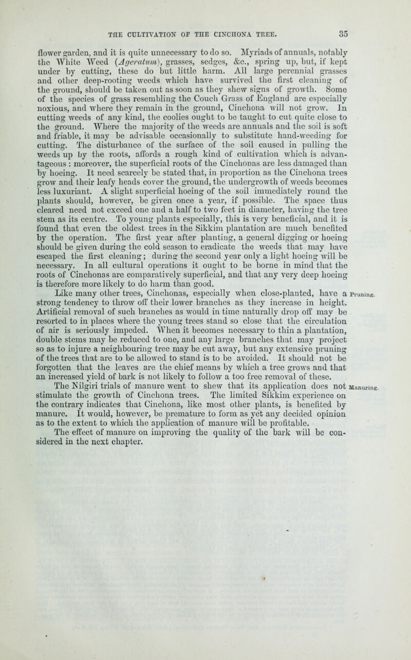 flower garden, and it is quite unnecessary to do so. Myriads of annuals, notably the White Weed (Ageratum), grasses, sedges, &c., spring up, but, if kept under by cutting, these do but little harm. All large perennial grasses and other deep-rooting weeds which have survived the first cleaning of the ground, should be taken out as soon as they shew signs of growth. Some of the species of grass resembling the Couch Grass of England are especially noxious, and where they remain in the ground, Cinchona will not grow. In cutting weeds of any kind, the coolies ought to be taught to cut quite close to the ground. Where the majority of the weeds are annuals and the soil is soft and friable, it may be advisable occasionally to substitute hand-weeding for cutting. The disturbance of the surface of the soil caused in pulling the weeds up by the roots, affords a rough kind of cultivation which is advan- tageous : moreover, the superficial roots of the Cinchonas are less damaged than by hoeing. It need scarcely be stated that, in proportion as the Cinchona trees grow and their leafy heads cover the ground, the undergrowth of weeds becomes less luxuriant. A slight superficial hoeing of the soil immediately round the plants should, however, be given once a year, if possible. The space thus cleared need not exceed one and a half to two feet in diameter, having the tree stem as its centre. To young plants especially, this is very beneficial, and it is found that even the oldest trees in the Sikkim plantation are much benefited by the operation. The first year after planting, a general digging or hoeing should be given during the cold season to eradicate the weeds that may have escaped the first cleaning; during the second year only a light lioeing will be necessary. In all cultural operations it ought to be borne in mind that the roots of Cinchonas are comparatively superficial, and that any very deep hoeing is therefore more likely to do harm than good. Like many other trees, Cinchonas, especially when close-planted, have a Pruning, strong tendency to throw off their lower branches as they increase in height. Artificial removal of such branches as would in time naturally drop off may be resorted to in places where the young trees stand so close that the circulation of air is seriously impeded. When it becomes necessary to thin a plantation, double stems may be reduced to one, and any large branches that may project so as to injure a neighbouring tree may be cut away, but any extensive pruning of the trees that are to be allowed to stand is to be avoided. It should not be forgotten that the leaves are the chief means by which a tree grows and that an increased yield of bark is not likely to follow a too free removal of these. The Nilgiri trials of manure went to shew that its application does not Manuring, stimulate the growth of Cinchona trees. The limited Sikkim experience on the contrary indicates that Cinchona, like most other plants, is benefited by manure. It would, however, be premature to form as yet any decided opinion as to the extent to which the application of manure will be profitable. The effect of manure on improving the quality of the bark will be con- sidered in the next chapter.