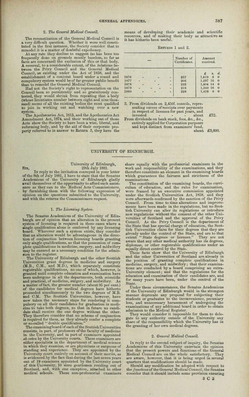 2. The General Medical Council. The reconstitution of the General Medical Council is a very difficult question. Whether it were well consti- tuted in the first instance, the Society consider that to remodel it is a matter of doubtful expediency. At any rate they decline to suggest (as has been too frequently done on grounds mostly baseless, so far as facts are concerned) the exclusion of this or that body. A reversal, to a. considerable extent, of the relations be- tween the Privy Council and the General Medical Council, as existing under the Act of 1858, and the establishment of a conjoint board under a sound and compulsory system would be of far greater public benefit than to remodel the General Medical Council. Had not the Society’s right to representation on the Council been so persistently and so gratuitously con- tested, they would shrink from repeating that a body (whose licentiates number between eight and nine thou- sand) seems of all the existing bodies the most qualified to join in working out and watching over a new system. The Apothecaries Act, 1815, and the Apothecaries Act Amendment Act, 1874, and their working out of those Acts show the Society to have been a wise, liberal, and reforming body, and by the aid of their corporate pro- perty referred to in answer to Return 3, they have the means of developing their academic and scientific resources, and of making their body as attractive as it has hitherto been useful. Returns 1 and 2. — Number of Certificates. Amount received. £ s. d. 1876 257 1,619 2 0 1877 206 1,297 16 0 1878 223 1,404 14 0 1879 - ... 216 1,360 16 0 1880 228 1,436 8 0 3. From dividends on 2,4501 consols, repre- senting excess of receipts over payments in respect of licenses for past years, and invested ... about £72. From dividends on bank stock, fees, &c., &c., entirely applied for Corporation purposes and kept distinct from examiners’ fund, about £3,000. UNIVERSITY OF EDINBURGH. University of Edinburgh, Sir, 29th July 1881. In reply to the invitation conveyed in your letter of the 8th of July 1881, I have to state that the Senatus Academicus of the University of Edinburgh gladly avail themselves of the opportunity to afford such assist- ance as they can to the Medical Acts Commissioners, by furnishing them with the following expression of opinion on the questions submitted to the University, and with the returns the Commissioners request. 1. The Licensing System. The Senatus Academicus of the University of Edin- burgh are of opinion that an alteration in the present system of licensing is required in those cases where a single qualification alone is conferred by any licensing board. Wherever such a system exists, they consider that an alteration would be advantageous in the direc- tion of conjunction between licensing boards granting only single qualifications, so that the possession of com- plete qualifications in medicine, surgery, and midwifery may be ensured as a necessary condition for the admis- sion to the register. The University of Edinburgh and the other Scottish Universities grant degrees in medicine and surgery (M.B., C.M., and M.D.), which separately constitute registrable qualifications, no one of which, however, is granted until complete education and examination have been undergone in all the departments, both scientific and practical, of medicine, surgery, and midwifery. As a matter of fact, the greater number (about 95 per cent.) of the candidates for medical degrees have hitherto proceeded simultaneously to the two degrees of M.B. and C.M. The Scottish Universities, however, have now taken the necessary steps for rendering it com- pulsory on all their candidates for graduation in medi- cine to take both degrees, so that in future no candi- date shall receive the one degree without the other. They therefore consider that no scheme of conjunction is required for them, as they already confer a complete or so-called “ double qualification.” The examining board of each of the Scottish Universities consists, in part, of professors of the faculty of medicine in the University, and in part of examiners appointed ah extra by the University courts. These examiners are either specialists in the department of medical science in which they examine, or are physicians or surgeons of standing and experience. They are appointed by the University court entirely on account of their merits, as is evidenced by the fact that during the last seven years out of 19 examiners appointed by the University court of this University, 10 were gentlemen residing out of Scotland, and, with one exception, attached to other medical schools. These non-professorial examiners share equally with the professorial examiners in the work and responsibility of the examinations, and they therefore constitute an element in the examining boards which guarantees the fairness and strictness of the examinations. The constitution of the examining boards, the curri- culum of education, and the rules for examination, were framed by an executive commission appointed under the Scottish Universities Act, 1858, and they were afterwards confirmed by the sanction of the Privy Council. From time to time alterations and improve- ments have been made in the regulations, but no Scot- tish University can alter its regulations or introduce new regulations without the consent of the other Uni- versities of Scotland and the approval of the Privy Council. As the Privy Council is the department of the State that has special charge of education, the Scot- tish Universities claim for their degrees that they are already under the control of the State, and are to that extent “ State degrees or licenses.” They are not aware that any other medical authority has its degrees, diplomas, or other registrable qualifications under an equally direct control by the State. These facts show that the University of Edinburgh and the other Universities of Scotland are already in the position of granting complete qualifications in medicine, surgery, and midwifery ; that their examina- tions are conducted by a board comprising an extra- University element; and that the regulations for the education and examination of their candidates are, and for many years have been, under the control of the State. Under these circumstances, the Senatus Academicus of the University of Edinburgh would in the strongest manner deprecate any proposal for subjecting their students or graduates to the inconvenience, pecuniary loss, and unnecessary harassment of undergoing the examinations of any additional board in order to obtain admission to the Medical Register. They would consider it impossible for them to dele- gate to any authority outside of the University any share of the responsibility which the University has in the granting of her own medical degrees. 2. General Medical Council. In reply to the second subject of inquiry, the Senatus Academicus of this University entertain the opinion that the present powers and functions of the General Medical Council are on the whole satisfactory. They are aware, however, that it is being urged in several quarters that modifications should be made. Should any modification be adopted with respect to the f unctions of the General Medical Council, the Senatus consider that it should include some provision ensuring