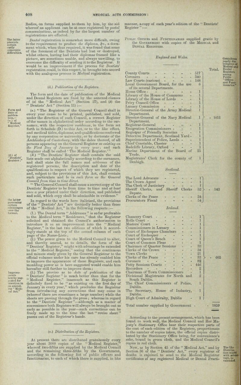 The latter presents certain easily removable difficulties. Form and Dat e of publica- tion,— (a.) Of  Medical Register,” O.) of Dentists Register the latter possessing certain advantages over the former. Improve- ments hereby sug- gested for insertion in an amend- ing “ Medi- cal Act.” Bodies, on forms supplied to them by him, by the aid whereof an applicant can be at once registered by 'postal communications, as indeed by far the largest number of registrations are effected. Dental registration is somewhat more difficult, owing to the requirement to produce the diploma, Ufa., a docu- ment which, when thus required, it was found that some of the foremost of the Dentists had lost or destroyed, whilst others, having had their diplomas framed like a picture, are sometimes unable, and always unwilling, to overcome the difficulty of sending it to the Registrar. It would be an improvement if the process for Dentists’ registration could, in this respect, be brought into accord with the analogous process in Medical registration. (d.) Publication of the Registers. The form and the date of publication of the Medical and Dental Registers are fixed by the annexed clauses of (a) the “Medical Act” (Section 27), and (0) the “ Dentists’ Act” (Section 11) :— (a.) “ The Registrar of the General Council shall in every year cause to be printed, published, and sold, under the direction of such Council, a correct Register of the names in alphabetical order according to the sur- names, with the respective residences, in the form set forth in Schedule (D.) to this Act, or to the like effect, and medical titles, diplomas, and qualifications conferred by any corporation or university, or by doctorate of the Archbishop of Canterbury, with the dates thereof, of all persons appearing on the General Register as existing on the First Day of January in every year; and such Register shall be called ‘ The Medical Register.’ ” (/3.) “ The Dentists’Register shall-contain the said lists made out alphabetically according to the surnames, and shall state the full names and addresses of the registered persons, the description and date of the qualifications in respect of which they are registered, and, subject to the provisions of this Act, shall contain such particulars and be in such form as the General Council from time to time direct. “ The General Council shall cause a correct copy of the Dentists’ Register to be from time to time and at least once a yeas- printed under their direction, and published and sold, which copy shall be admissible in evidence.” In regard to the words here italicised, the provisions of the “ Dentists’ Act ” are decidedly better than those of the “ Medical Act,” in the following respects:— (1.) The Dental term “ Addresses ” is so far preferable to the Medical term “ Residences,” that the Registrar solicited and obtained the Council’s authorisation to introduce it as an improvement into the “Medical Register,” in the last two editions of which it accord- ingly stands at the top of the second column of each page of the Namo-Lists; (2.) The power given to the Medical Council to alter, and thereby amend, as to details, the form of the “Dentists’ Register,” might with advantage be extended to the “ Medical Register,” seeing that the continuous and minute study given by the General Registrar to the official volumes under his care has already enabled him to improve the appearance of these Registers, and such moulding power as is here suggested would enable him hereafter still further to improve them; (3.) The proviso as to date of publication of the “ Dentists’ Register ” is much better than that for the “ Medical Register,” inasmuch as this Register is definitely fixed to be “ as existing on the first day of January in every year,” which precludes the Registrar from introducing any corrections that may come in (whereof thero are sometimes a large number) while the sheets are passing through the press ; whereas in regard to the “ Dentists’ Register”—although as a matter of convenience both Registers will always be brought out as early as possible in the year—such corrections can be freely made up to the time the last “ revise sheet” passes out of the Registrar’s hands. (e.) Distribution of the Registers. At present there are distributed gratuitously every year about 3000 copies of the “Medical Register,” whereof two-fifths are supplied by the Medical Council and the remaining three-fifths by the Government, according to the following list of public officers and functionaries, to each of which there is supplied, in like manner, a copy of each year’s edition of the “ Dentists’ Register ”:— Public Offices and Functionaries supplied gratis by the Government with copies of the Medical and Dental Registers. England and Wales. County Courts ..... 517 ~ Coroners ...... 340 Law Courts (various) .... 148 Local Government Board, for the use 6 of its several Departments. Home Office ------ 1 Library of the House of Commons - 1 Library of the House of Lords - - 1 Privy Council Office - - - - 1 Lunacy Commission .... 1 Director-General of the Ai-rny Medical 1 Department. Director-General of the Navy Medical 1 r Department. Registrar-General .... 1 Emigration Commissioners - - - 1 Registrar of Friendly Societies - - 1 Detective Department, Scotland Yard - 1 Superintendent of Police, Leeds - - 1 Chief Constable, Chester 1 Radcliffe Library, Oxford - - - 1 Marine Department of the Board of 25 Trade. Magistrates’ Clerk for the county of 1 Denbigh. Total. - 1051 Scotland. The Lord Advocate - . r The Crown Agent' _ - i The Clerk of Justiciary - - r Sheriff Clerks, and Sheriff Depute. Clerks 52 y Clerks of the Peace - - 34 Procurators Fiscal Ireland. 54^ Chancery Court - . . 11 Rolls Court - - - - - - 1 Masters’ Court ... - _ 1 Commissioners in Lunacy - - 1 Court of Exchequer Chambers - - 1 Court of Exchequer Court of Queen’s Bench - - 1 - - 1 Court of Common Pleas . - 1 Chairmen of Quarter Sessions - - 33 Clerks of the Crown - - 34 Town Clerks - - 21 Clerks of the Peace - - 33 Coroners .... - - 82 Petty Sessions Courts - . - 446 Recorders .... - - 2 Chairman of Town Commissioners - 1 Divisional Magistrates for North and 2 South Dublin. The Chief Commissioners of Police, 1 Dublin. The Secretary, House of Industry, 1 Dublin. High Court of Admiralty, Dublin - 1 ) 143 065 Total number supplied by Government - 1859 According to the present arrangement, which has been found to work well, the Medical Council and Her Ma- jesty’s Stationery Office bear their respective parts of the cost of each edition of the Registers, proportionate to the number of copies taken, the official copies distri- buted by the Stationery Office being, for convenience’s sake, bound in green cloth, and the Medical Council’s copies in red cloth. Now, as by Section 45 of the “ Medical Act,” and by Section 36 of the “ Dentists’ Act,” every registrar of deaths is enjoined to send to the Medical Registrar certificates of any registered Medical or Dental Practi- Gratuitous yearly dis- tribution of Medical and Dental Registers among Public  Oil!ces and Func- tionaries.” The like • Distribu- tion might with advan- tage, be extended.