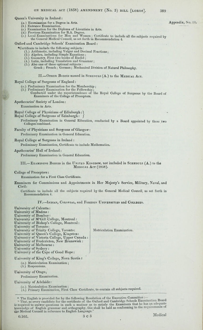 Queen’s University in Ireland : (6.) Entrance Examination. (c.) Examination for the Diploma of Licentiate in Arts. (d.) Previous Examination for B.A. Degree. (e.) Local Examinations for Men and Women ; Certificate to include all the subjects required by the General Medical Council, as set forth in Recommendation 4. Oxford and Cambridge Schools’ Examination Board : •Certificate to include the following subjects: (1.) Arithmetic, including Vulgar and Decimal Fractions ; (2.) Algebra, including Simple Equations ; (3.) Geometry, First two books of Euclid ; (4.) Latin, including Translation and Grammar; (5.) Also one of these optional subjects : Greek ; French ; German; Mechanical Division of Natural Philosophy. II.—Other Bodies named in Schedule (A.) to the Medical Act. Royal College of Surgeons of England : (a.) Preliminary Examination for the Membership ; (b.) Preliminary Examination for the Fellowship ; Conducted under the superintendence of the Royal College of Surgeons by the Board of Examiners of the College of Preceptors. Apothecaries’ Society of London: Examination in Arts. Royal College of Physicians of Edinburgh :) Royal College of Surgeons of Edinburgh: / Preliminary Examination in General Education, conducted by a Board appointed by these two Colleges combined. Faculty of Physicians and Surgeons of Glasgow: Preliminary Examination in General Education. Royal College of Surgeons in Ireland : Preliminary Examination, Certificate to include Mathematics. Apothecaries’ Hall of Ireland : Preliminary Examination in General Education. III.—Examining Bodies in the United Kingdom, not included in Schedule (A.) to the Medical Act (1858). College of Preceptors: Examination for a First Class Certificate. Examiners for Commissions and Appointments in Her Majesty’s Service, Military, Naval, and Civil: Certificate to include all the subjects required by the General Medical Council, as set forth in Recommendation 4. IV.—Indian, Colonial, and Foreign Universities and Colleges. University of Calcutta: University of Madras : University of Bombay: University of lVPGill College, Montreal: University of Bishop’s College, Montreal: Uni versity of Toronto: University of Trinity College, Toronto: University of Queen’s College, Kingston: University of Victoria College, Upper Canada : University of Fredericton, New Brunswick : University of Melbourne: University of Sydney: University of the Cape of Good Hope: University of King’s College, Nova Scotia : (a.) Matriculation Examination; (6.) Responsions. Matriculation Examination. University of Otago; Preliminary Examination. University of Adelaide: (a.) Matriculation Examination ; . (b.) Primary Examination, First Class Certificate, to contain all subjects required. * The English is provided for by the following Resolution of the Executive Committee ‘‘ That, as every candidate for the certificate of the Oxford and Cambridge Schools Examination Board is required to answer questions in such a manner as to satisfy the Examiners that he has an adequate knowledge of English grammar and orthography, this shall be held as conforming to the requirements oi the Medical Council in reference to English Language.” 0.105. 3 C 3 Medical