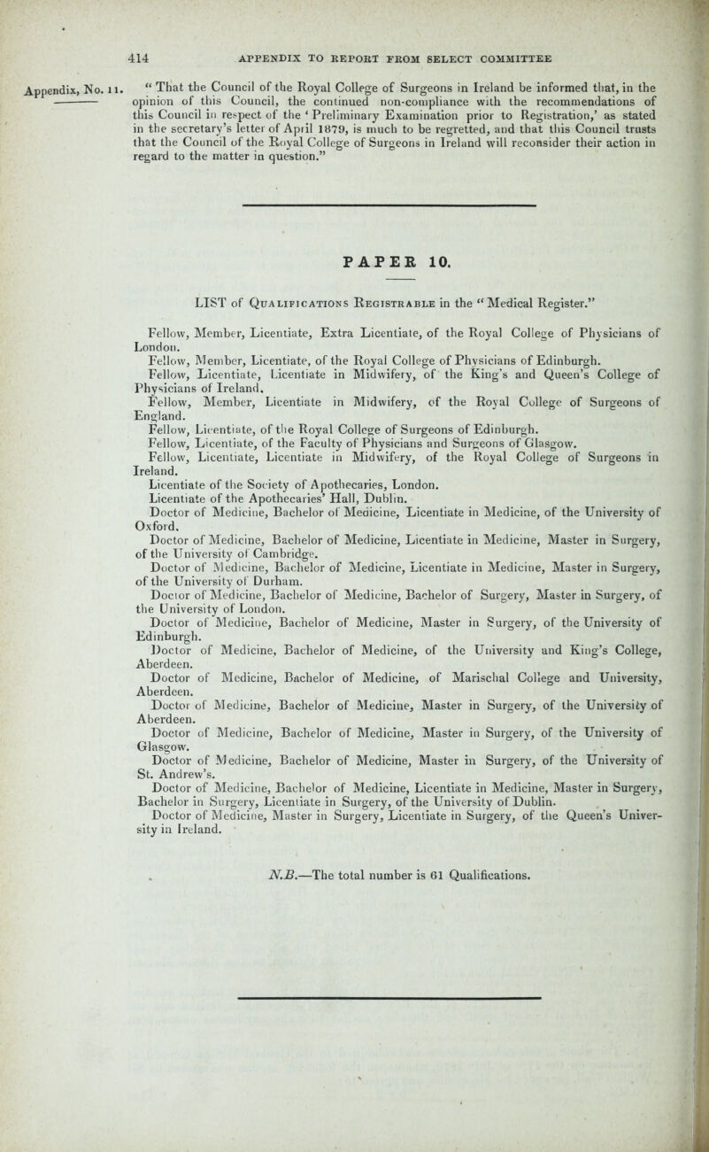 Appendix, No. 11. “ That the Council of the Royal College of Surgeons in Ireland be informed that, in the — opinion of this Council, the continued non-compliance with the recommendations of this Council in respect of the ‘ Preliminary Examination prior to Registration,’ as stated in the secretary’s letter of April 1879, is much to be regretted, and that this Council trusts that the Council of the Royal College of Surgeons in Ireland will reconsider their action in regard to the matter in question.” PAPER 10. LIST of Qualifications Registrable in the “Medical Register.” Fellow, Member, Licentiate, Extra Licentiate, of the Royal College of Physicians of London. Fellow, Member, Licentiate, of the Royal College of Physicians of Edinburgh. Fellow, Licentiate, Licentiate in Midwifery, of the King’s and Queen’s College of Physicians of Ireland. Fellow, Member, Licentiate in Midwifery, of the Royal College of Surgeons of England. Fellow, Lic entiate, of the Royal College of Surgeons of Edinburgh. Fellow, Licentiate, of the Faculty of Physicians and Surgeons of Glasgow. Fellow, Licentiate, Licentiate in Midwifery, of the Royal College of Surgeons in Ireland. Licentiate of the Society of Apothecaries, London. Licentiate of the Apothecaries’ Hall, Dublin. Doctor of Medicine, Bachelor of Medicine, Licentiate in Medicine, of the University of Oxford, Doctor of Medicine, Bachelor of Medicine, Licentiate in Medicine, Master in Surgery, of the University of Cambridge. Doctor of Medicine, Bachelor of Medicine, Licentiate in Medicine, Master in Surgery, of the University of Durham. Doctor of Medicine, Bachelor of Medicine, Bachelor of Surgery, Master in Surgery, of the University of London. Doctor of Medicine, Bachelor of Medicine, Master in Surgery, of the University of Edinburgh. Doctor of Medicine, Bachelor of Medicine, of the University and King’s College, Aberdeen. Doctor of Medicine, Bachelor of Medicine, of Marischal College and University, Aberdeen. Doctor of Medicine, Bachelor of Medicine, Master in Surgery, of the University of Aberdeen. Doctor of Medicine, Bachelor of Medicine, Master in Surgery, of the University of Glasgow. Doctor of Medicine, Bachelor of Medicine, Master in Surgery, of the University of St. Andrew’s. Doctor of Medicine, Bachelor of Medicine, Licentiate in Medicine, Master in Surgery, Bachelor in Surgery, Licentiate in Surgery, of the University of Dublin. Doctor of Medicine, Master in Surgery, Licentiate in Surgery, of the Queen’s Univer- sity in Ireland. N.JB.—The total number is 61 Qualifications.