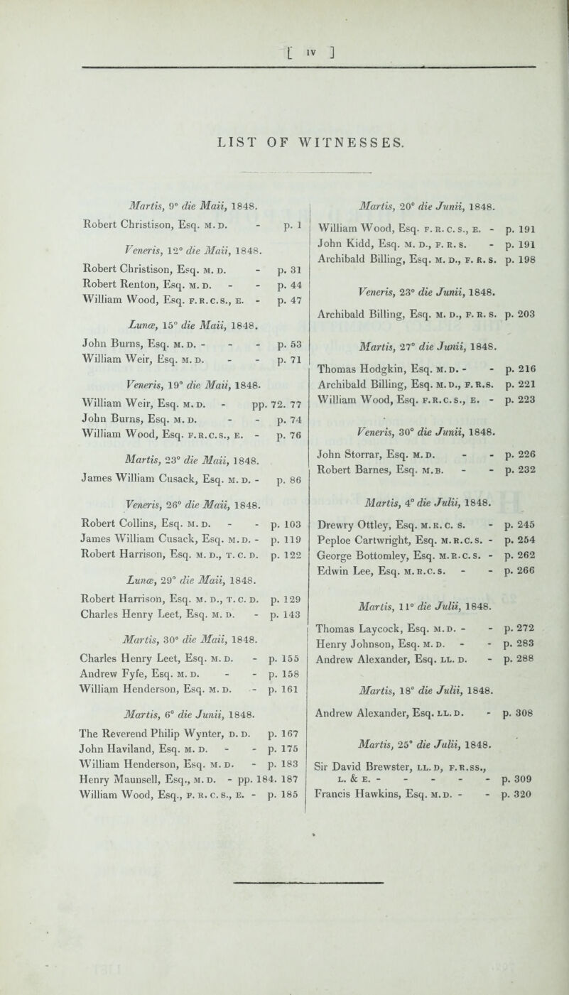 LIST OF WITNESSES. Martis, 9° die Maii, 1848. Robert Christison, Esq. m. d. - p. 1 Veneris, 12° die Maii, 1848. Robert Christison, Esq. m. d. - p. 31 Robert Renton, Esq. m. d. - - p. 44 William Wood, Esq. f. r.c.s., e. - p. 47 Lunce, 15° die Maii, 1848. John Burns, Esq. m. d. - - - p. 53 William Weir, Esq. m. d. - - p. 71 Veneris, 19° die Maii, 1848. William Weir, Esq. m.d. - pp. 72. 77 John Burns, Esq. m. d. - - p. 74 William Wood, Esq. f.r.c.s., e. - p. 76 Martis, 23° die Maii, 1848. James William Cusack, Esq. m.d. - p. 86 Veneris, 26° die Maii, 1848. Robert Collins, Esq. m.d. - - p. 103 James William Cusack, Esq. m.d. - p. 119 Robert Harrison, Esq. m. d., t. c. d. p. 122 Lunce, 29° die Maii, 1848. Robert Harrison, Esq. m. d., t.c. d. p. 129 Charles Henry Leet, Esq. m. d. - p. 143 Martis, 30° die Maii, 1848. Charles Henry Leet, Esq. m.d. - p. 155 Andrew Fyfe, Esq. m.d. - - p. 158 William Henderson, Esq. m. D. - p. 161 Martis, 6° die Junii, 1848. The Reverend Philip Wynter, d. d. p. 167 John Haviland, Esq. m. d. - - p. 175 William Henderson, Esq. m. d. - p. 183 Henry Maunsell, Esq., m.d. - pp. 184. 187 William Wood, Esq., f. R. c. s., e. - p. 185 Martis, 20° die Junii, 1848. William Wood, Esq. f. r. c. s., e, - p. 191 John Kidd, Esq. m. d., f. r. s. - p. 191 Archibald Billing, Esq. m. d., f. r. s. p. 198 Veneris, 23° die Junii, 1848. Archibald Billing, Esq. m. d., f. r. s. p. 203 Martis, 27° die Junii, 1848. Thomas Hodgkin, Esq. m.d. - - p. 216 Archibald Billing, Esq. m.d., f.r.s. p. 221 William Wood, Esq. f.r.c.s., e. - p. 223 Veneris, 30° die Junii, 1848. John Storrar, Esq. m.d. - - p. 226 Robert Barnes, Esq. m.b. - - p. 232 Martis, 4° die Julii, 1848. Drewry Ottley, Esq. M. R. c. s. - p. 245 Peploe Cartwright, Esq. m.r.c.s. - p. 254 George Bottomley, Esq. m.r.c.s. - p. 262 Edwin Lee, Esq. m.r.c.s. - - p. 266 Martis, 11° die Julii, 1848. Thomas Laycock, Esq. m.d. - - p. 272 Henry Johnson, Esq. m. d. - p. 283 Andrew Alexander, Esq. ll. d. - p. 288 Martis, 18° die Julii, 1848. Andrew Alexander, Esq. ll. d. - p. 308 Martis, 25° die Julii, 1848. Sir David Brewster, ll.d, f.r.ss., l. & e. - - - - - p. 309 Francis Hawkins, Esq. m.d. - - p. 320