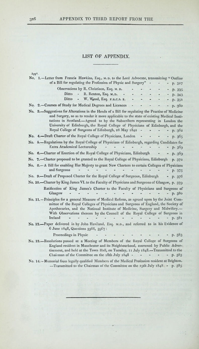 LIST OF APPENDIX. App*. No. 1.—Letter from Francis Hawkins, Esq., m.d. to the Lord Advocate, transmitting “ Outline of a Bill for regulating the Profession of Physic and Surgery” - - - p. 327 Observations by R. Christison, Esq. m.d. - - - - - p. 335 Ditto - R. Renton, Esq. m.d. - - - ■ - p. 343 Ditto - W. W*pod, Esq. f.r.c.s. e. - - - - p. 351 No. 2.—Courses of Study for Medical Degrees and Licences - - - - - p. 360 No. 3.—Suggestions for Alterations in the Heads of a Bill for regulating the Practise of Medicine and Surgery, so as to render it more applicable to the state of existing Medical Insti- tutions in Scotland.—Agreed to by the Subscribers representing in London the University of Edinburgh, the Royal College of Physicians of Edinburgh, and the Royal College of Surgeons of Edinburgh, 28 May 1842 - - - - p. 362 No. 4.-—‘Draft Charter of the Royal College of Physicians, London .... p.365 No. 5.—Regulations by the Royal College of Physicians of Edinburgh, regarding Candidates for Extra Academical Lectureship - -- -- -- - p. 369 No. 6.—Charter of Erection of the Royal College of Physicians, Edinburgh - - p. 369 No. 7.—Charter proposed to be granted to the Royal College of Physicians, Edinburgh p. 372 No. 8.— A Bill for enabling Her Majesty to grant New Charters to certain Colleges of Physicians and Surgeons - -- -- -- -- -- p. 375 No. 9.—Draft of Proposed Charter for the Royal College of Surgeons, Edinburgh - p. 376 No. 10.—Charter by King James VI. to the Faculty of Physicians and Surgeons of Glasgow, p. 379 Ratification of King James’s Charter to the Faculty of Physicians and Surgeons of Glasgow - -- -- -- -- -- - p. 380 No. 11.—Principles for a general Measure of Medical Reform, as agreed upon by the Joint Com- mittee of the Royal Colleges of Physicians and Surgeons of England, the Society of Apothecaries, and the National Institute of Medicine, Surgery and Midwifery.— With Observations thereon by the Council of the Royal College of Surgeons in Ireland - - - - - - - - - - - - p. 381 No. 12.—Paper delivered in by John Haviland, Esq. m.d., and referred to in his Evidence of 6 June 1848, Questions 3966, 3967 : Proceedings in Physic - -- -- -- -- p. 383 No. 13.—Resolutions passed at a Meeting of Members of the Royal College of Surgeons of England resident in Manchester and its Neighbourhood, convened by Public Adver- tisement, and held at the Town Hall, on Tuesday, 11 July 1848.—Transmitted to the Chairman of the Committee on the 18th July 1848 - - - - - p. 385 No. 14.—Memorial from legally qualified Members of the Medical Profession resident at Brighton. —Transmitted to the Chairman of the Committee on the 19th July 1848 - p. 385