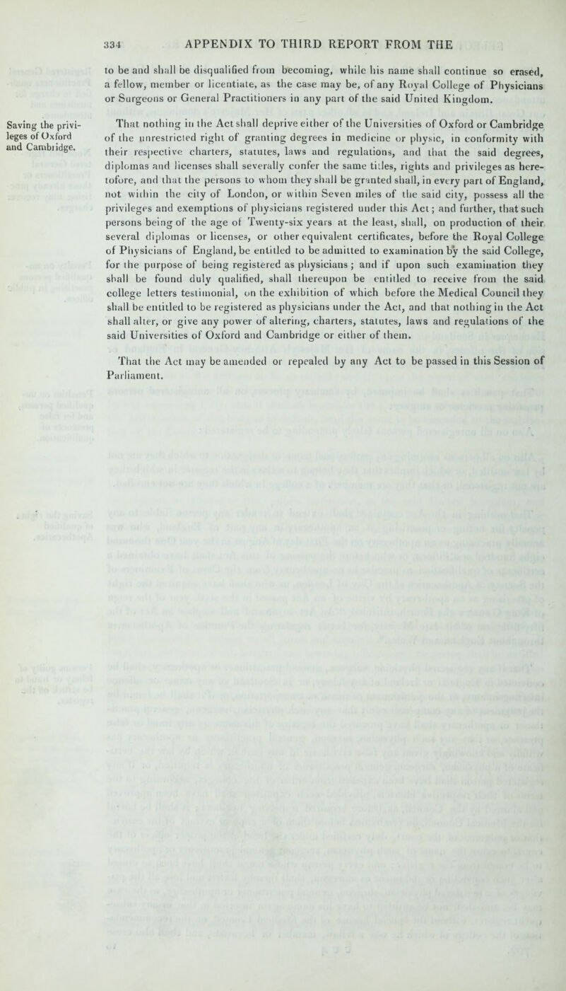 Saving the privi- leges of Oxford and Cambridge. 334 APPENDIX TO THIRD REPORT FROM THE to be and shall be disqualified from becoming, while his name shall continue so erased, a fellow, member or licentiate, as the case may be, of any Royal College of Physicians or Surgeons or General Practitioners in any part of the said United Kingdom. That nothing in the Act shall deprive either of the Universities of Oxford or Cambridge of the unrestricted right of granting degrees in medicine or physic, in conformity with their respective charters, statutes, laws and regulations, and that the said degrees, diplomas and licenses shall severally confer the same titles, rights and privileges as here- tofore, and that the persons to whom they shall be granted shall, in every part of England, not within the city of London, or within Seven miles of the said city, possess all the privileges and exemptions of physicians registered under this Act; and further, that such persons being of the age of Twenty-six years at the least, shall, on production of their several diplomas or licenses, or other equivalent certificates, before the Royal College of Physicians of England, be entitled to be admitted to examination by the said College, for the purpose of being registered as physicians ; and if upon such examination they shall be found duly qualified, shall thereupon be entitled to receive from the said college letters testimonial, on the exhibition of which before the Medical Council they shall be entitled to be registered as physicians under the Act, and that nothing in the Act shall alter, or give any power of altering, charters, statutes, laws and regulations of the said Universities of Oxford and Cambridge or either of them. That the Act may be amended or repealed by any Act to be passed in this Session of Parliament.