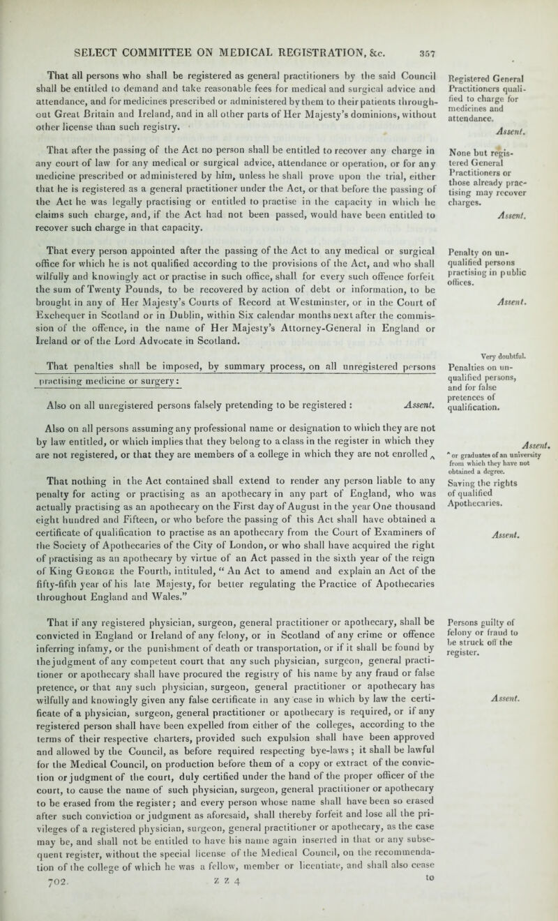 That all persons who shall be registered as general practitioners by the said Council shall be entitled to demand and take reasonable fees for medical and surgical advice and attendance, and for medicines prescribed or administered by them to their patients through- out Great Britain and Ireland, and in all other parts of Her Majesty’s dominions, without other license than such registry. That after the passing of the Act no person shall be entitled to recover any charge in any court of law for any medical or surgical advice, attendance or operation, or for any medicine prescribed or administered by him, unless he shall prove upon the trial, either that he is registered as a general practitioner under the Act, or that before the passing of the Act he was legally practising or entitled to practise in the capacity in which he claims such charge, and, if the Act had not been passed, would have been entitled to recover such charge in that capacity. That every person appointed after the passing of the Act to any medical or surgical office for which he is not qualified according to the provisions of the Act, and who shall wilfully and knowingly act or practise in such office, shall for every such offence forfeit the sum of Twenty Pounds, to be recovered by action of debt or information, to be brought in any of Her Majesty’s Courts of Record at Westminster, or in the Court of Exchequer in Scotland or in Dublin, within Six calendar months next after the commis- sion of the offence, in the name of Her Majesty’s Attorney-General in England or Ireland or of the Lord Advocate in Scotland. That penalties shall be imposed, by summary process, on all unregistered persons practising medicine or surgery: Also on all unregistered persons falsely pretending to be registered : Assent. Also on all persons assuming any professional name or designation to which they are not by law entitled, or which implies that they belong to a class in the register in which they are not registered, or that they are members of a college in which they are not enrolled A That nothing in the Act contained shall extend to render any person liable to any penalty for acting or practising as an apothecary in any part of England, who was actually practising as an apothecary on the First day of August in the year One thousand eight hundred and Fifteen, or who before the passing of this Act shall have obtained a certificate of qualification to practise as an apothecary from the Court of Examiners of the Society of Apothecaries of the City of London, or who shall have acquired the right of practising as an apothecary by virtue of an Act passed in the sixth year of the reign of King George the Fourth, intituled, “ An Act to amend and explain an Act of the fifty-fifth year of his late Majesty, for better regulating the Practice of Apothecaries throughout England and Wales.” That if any registered physician, surgeon, general practitioner or apothecary, shall be convicted in England or Ireland of any felony, or in Scotland of any crime or offence inferring infamy, or the punishment of death or transportation, or if it shall be found by thejudgment of any competent court that any such physician, surgeon, general practi- tioner or apothecary shall have procured the registry of his name by any fraud or false pretence, or that any such physician, surgeon, general practitioner or apothecary has wilfully and knowingly given any false certificate in any case in which by law the certi- ficate of a physician, surgeon, general practitioner or apothecary is required, or if any registered person shall have been expelled from either of the colleges, according to the terms of their respective charters, provided such expulsion shall have been approved and allowed by the Council, as before required respecting bye-laws; it shall be lawful for the Medical Council, on production before them of a copy or extract of the convic- tion or judgment of the court, duly certified under the hand of the proper officer of the court, to cause the name of such physician, surgeon, general practitioner or apothecary to be erased from the register; and every person whose name shall have been so erased after such conviction or judgment as aforesaid, shall thereby forfeit and lose all the pri- vileges of a registered physician, surgeon, general practitioner or apothecary, as the case may be, and shall not be entitled to have his name again inserted in that or any subse- quent register, without the special license of the Medical Council, on the recommenda- tion of the college of which he was a fellow, member or licentiate, and shall also cease 702. z z 4 to Registered General Practitioners quali- fied to charge, for medicines and attendance. Assent. None but regis- tered General Practitioners or those already prac- tising may recover charges. Assent. Penalty on un- qualified persons practising in public offices. Assent. Very doubtful. Penalties on un- qualified persons, and for false pretences of qualification. Assent. * or graduates of an university from which they have not obtained a degree. Saving the rights of qualified Apothecaries. Assent. Persons guilty of felony or fraud to he struck oil the register. Assent.