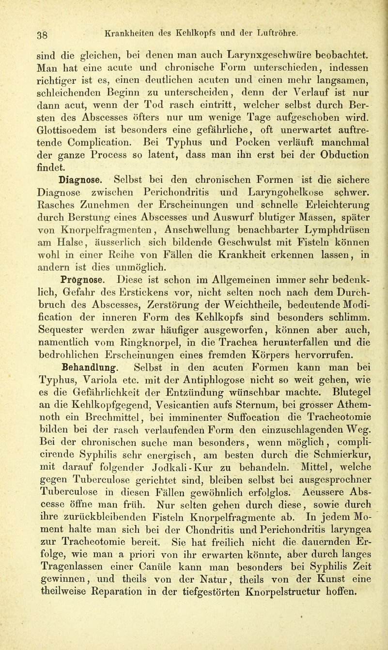 sind die gleichen, bei denen man auch Larynxgeschwüre beobachtet. Man hat eine acute und chronische Form unterschieden, indessen richtiger ist es, einen deutlichen acuten und einen mehr langsamen, schleichenden Beginn zu unterscheiden, denn der Verlauf ist nur dann acut, wenn der Tod rasch eintritt, welcher selbst durch Ber- sten des Abscesses öfters nur um wenige Tage aufgeschoben wird. Glottisoedem ist besonders eine gefährliche, oft unerwartet auftre- tende Complication. Bei Typhus und Pocken verläuft manchmal der ganze Process so latent, dass man ihn erst bei der Obduction findet. Diagnose. Selbst bei den chronischen Formen ist die sichere Diagnose zwischen Perichondritis und Laryngohelkose schwer. Rasches Zunehmen der Erscheinungen und schnelle Erleichterung durch Berstung eines Abscesses und Auswurf blutiger Massen, später von Knorpelfragmenten, Anschwellung benachbarter Lymphdrüsen am Halse, äusserlich sich bildende Geschwulst mit Fisteln können wohl in einer Reihe von Fällen die Krankheit erkennen lassen, in andern ist dies unmöglich. Prognose. Diese ist schon im Allgemeinen immer sehr bedenk- lich, Gefahr des Erstickens vor, nicht selten noch nach dem Durch- bruch des Abscesses, Zerstörung der Weichtheile, bedeutende Modi- fication der inneren Form des Kehlkopfs sind besonders schlimm. Sequester werden zwar häufiger ausgeworfen, können aber auch, namentlich vom Ringknorpel, in die Trachea herunterfallen und die bedrohlichen Erscheinungen eines fremden Körpers hervorrufen. Behandlung. Selbst in den acuten Formen kann man bei Typhus, Variola etc. mit der Antiphlogose nicht so weit gehen, wie es die Gefährlichkeit der Entzündung wünschbar machte. Blutegel an die Kehlkopfgegend, Vesicantien aufs Sternum, bei grosser Athem- noth ein Brechmittel, bei imminenter Suffocation die Tracheotomie bilden bei der rasch verlaufenden Form den einzuschlagenden Weg. Bei der chronischen suche man besonders, wenn möglich, compli- cirende Syphilis sehr energisch, am besten durch die Schmierkur, mit darauf folgender Jodkali-Kur zu behandeln. Mittel, welche gegen Tuberculose gerichtet sind, bleiben selbst bei ausgesprochner Tuberculose in diesen Fällen gewöhnlich erfolglos. Aeussere Abs- cesse öffne man früh. Nur selten gehen durch diese, sowie durch ihre zurückbleibenden Fisteln Knorpelfragmente ab. In jedem Mo- ment halte man sich bei der Chondritis und Perichondritis laryngea zur Tracheotomie bereit. Sie hat freilich nicht die dauernden Er- folge, wie man a priori von ihr erwarten könnte, aber durch langes Tragenlassen einer Canüle kann man besonders bei Syphilis Zeit gewinnen, und theils von der Natur, theils von der Kunst eine theilweise Reparation in der tiefgestörten Knorpelstructur hoffen.