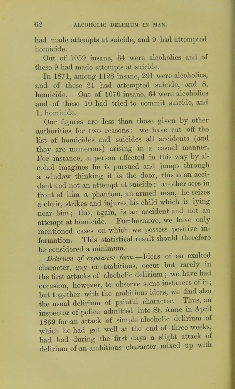 liad made attempts at suicide, and 9 had attempted homicide. Out of 1059 insane, C4 were alcoholics and of tliese 9 liad made attempts at suicide. In 1871, among 1128 insane, 291 were alcoholics, and of these 24 had attempted suicide, and 8, homicide. Out of 1070 insane, 64 were alcoholics and of these 10 had tried to commit suicide, and 1, homicide. Our figures are less than those given by other authorities for two reasons : we have cut off the list of homicides and suicides all accidents (and they are numerous) arising in a casual manner. For instance, a person affected in this way by al- cohol imagines he is pursued and jumps through a window thinldng it is the door, this is an acci- dent and not an attempt at suicide ; another sees in front of him a phantom, an armed man, he seizes a chair, strikes and injures his child which is lying near him; this, again, is an accident and not an attempt at homicide. Furthermore, we have only mentioned cases on which we possess positive in- formation. This statistical result should theiefoie be considered a minimum. Delirium of expansive form.—Ideas of an exalted character, gay or ambitious, occur but rarely in the first attacks of alcoholic deliidumj we have had occasion, however, to observe some instances of it; but together with the ambitious ideas, we find also the usual delirium of painful character. Thus, an inspector of police admitted into St. Anne in April 1869 for an attack of simple alcoholic delu'ium of which he had got well at the end of three weeks, had had during the first days a slight attack of delirium of an ambitious character mixed up with