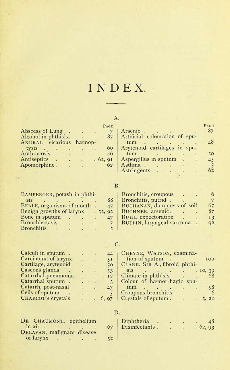 INDEX. Abscess of Lung . Page 7 Alcohol in phthisis. Andral, vicarious haemop- 87 tysis . . . . . 60 Anthracosis . . . . 46 Antiseptics . . . . 62, 91 Apomorphine . . . . 62 Bamberger, potash in phthi- sis ... 88 Beale, organisms of mouth 47 Benign growths of larynx • 52, 92 Bone in sputum 47 Bronchiectasis 7 Bronchitis 5 Arsenic Artificial colouration of spu- tum Arytenoid cartilages in spu- tum . Aspergillus in sputum Asthma . Astringents . Bronchitis, croupous Bronchitis, putrid . Buchanan, dampness of soil Buchner, arsenic. Buhl, expectoration Buti.in, laryngeal sarcoma . Calculi in sputum . Carcinoma of larynx Cartilage, arytenoid Caseous glands Catarrhal pneumonia Catarrhal sputum . Catarrh, post-nasal Cells of sputum Charcot’s crystals C. 44 5i 5° 53 12 3 47 5 6, 97 Cheyne, Watson, examina- tion of sputum Clark, Sir A., fibroid phthi- sis Climate in phthisis Colour of haemorrhagic spu- tum . Croupous bronchitis Crystals of sputum. De Chaumont, epithelium in air Delavan, malignant disease of larynx .... D. Diphtheria 67 Disinfectants . 52 Page 87 48 50 45 5 62 6 7 67 87 13 92 100 10, 39 68 58 6 5, 20 48 62, 93