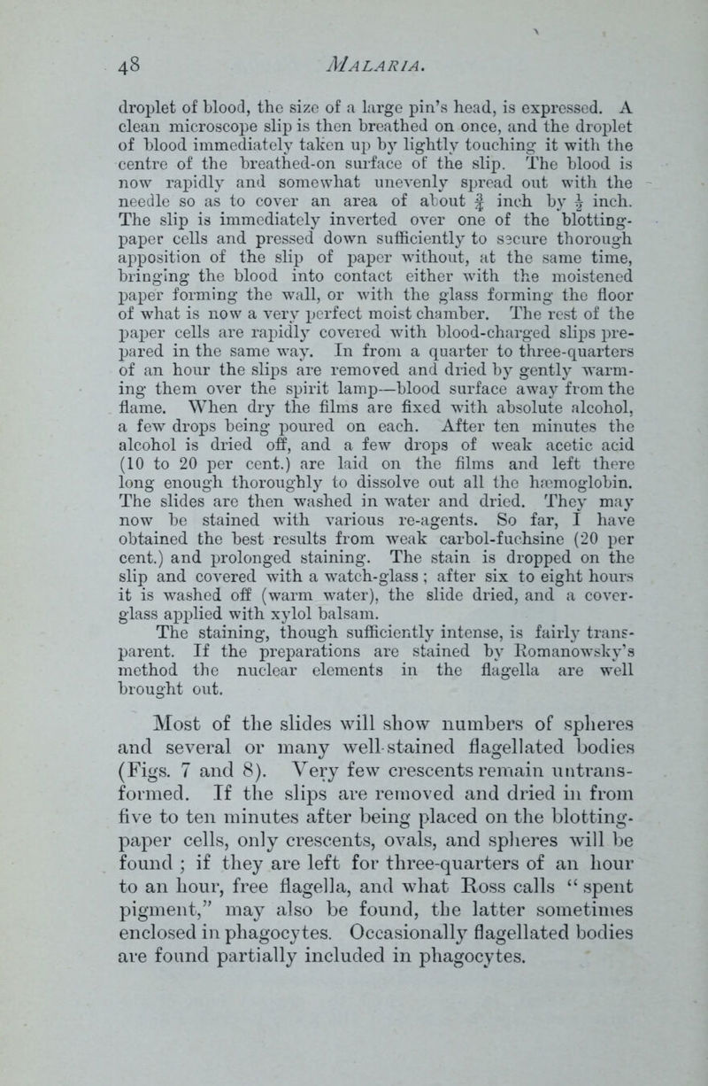 droplet of blood, the size of a large pin’s head, is expressed. A clean microscope slip is then breathed on once, and the droplet of blood immediately taken up by lightly touching it with the centre of the breathed-on surface of the slip. The blood is now rapidly and somewhat unevenly spread out with the needle so as to cover an area of about j inch by J inch. The slip is immediately inverted over one of the blottiug- paper cells and pressed down sufficiently to secure thorough apposition of the slip of paper without, at the same time, bringing the blood into contact either with the moistened paper forming the wall, or with the glass forming the floor of what is now a very perfect moist chamber. The rest of the paper cells are rapidly covered with blood-charged slips pre- pared in the same way. In from a quarter to three-quarters of an hour the slips are removed and dried by gently warm- ing them over the spirit lamp—blood surface away from the flame. When dry the films are fixed with absolute alcohol, a few drops being poured on each. After ten minutes the alcohol is dried off, and a few drops of weak acetic acid (10 to 20 per cent.) are laid on the films and left there long enough thoroughly to dissolve out all the haemoglobin. The slides are then washed in water and dried. They may now be stained with various re-agents. So far, I have obtained the best results from weak carbol-fuchsine (20 per cent.) and prolonged staining. The stain is dropped on the slip and covered with a watch-glass; after six to eight hours it is washed off (warm water), the slide dried, and a cover- glass applied with xylol balsam. The staining, though sufficiently intense, is fairljT trans- parent. If the preparations are stained by Romanowsky’s method the nuclear elements in the flagella are well brought out. Most of the slides will show numbers of spheres and several or many well stained flagellated bodies (Figs. 7 and 8). Very few crescents remain untrans- formed. If the slips are removed and dried in from five to ten minutes after being placed on the blotting- paper cells, only crescents, ovals, and spheres will be found ; if they are left for three-quarters of an hour to an hour, free flagella, and what Ross calls “ spent pigment,” may also be found, the latter sometimes enclosed in phagocytes. Occasionally flagellated bodies are found partially included in phagocytes.