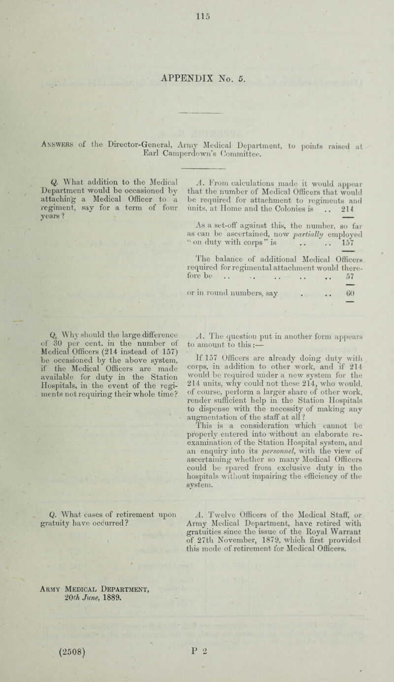 APPENDIX No. 5. Answers of the Director-General, Army Medical Department, to points raised at Earl Camperdown’s Committee. Q. What addition to the Medical Department would be occasioned by attaching a Medical Officer to a regiment, say for a term of four years ? A. From calculations made it would appear that the number of Medical Officers that would be required for attachment to regiments and units, at Home and the Colonies is .. 214 As a set-off against this, the number, so far as can be ascertained, now partially employed “ on duty with corps” is .. .. 157 The balance of additional Medical Officers required for regimental attachment would there- fore be .. .. .. .. 57 or in round numbers, say . .. GO Qi Why should the large difference of 30 per cent, in the number of Medical Officers (214 instead of 157) be occasioned by the above system, if the Medical Officers are made available for duty in the Station Hospitals, in the event of the regi- ments not requiring their whole time? A. The question put in another form appears to amount to this :— If 157 Officers are already doing duty with corps, in addition to other work, and if 214 would be required under a now system for the 214 units, why could not these 214, who would, of course, perform a larger share of other work, render sufficient help in the Station Hospitals to dispense with the necessity of making any augmentation of the staff at all ? This is a consideration which cannot be properly entered into without an elaborate re- examination of the Station Hospital system, and an enquiry into its with the view of ascertaining whether so many Medical Officers could be spared from exclusive duty in the hospitals without impairing the efficiency of the system. Q. AVhat cases of retirement upon A. Twelve Officers of the Medical Staff, or gratuity have occurred? Army Medical Department, have retired with gratuities since the issue of the Royal Warrant of 27th November, 1879, which first provided this mode of retirement for Medical Officers. Army Medical Department, 20>‘A June, 1889. P 2 (2508)