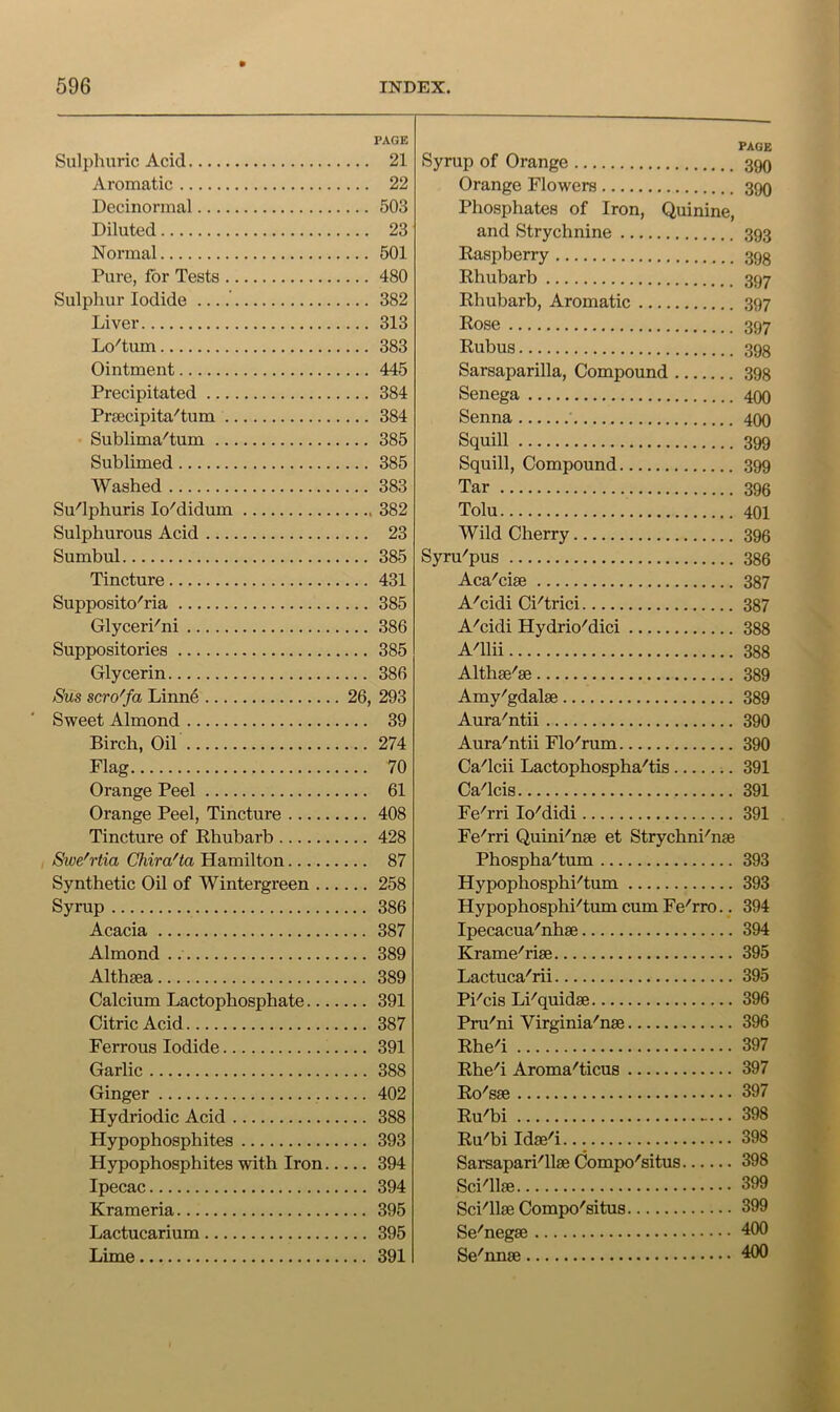 Sulphuric Acid Aromatic Decinormal Diluted Normal Pure, for Tests Sulphur Iodide ’ Liver Lo^tum Ointment Precipitated Pr0ecipita''tum Sublima'tum Sublimed Washed Su'lphuris lo'didum Sulphurous Acid Sumbul Tincture Supposito'ria Glyceri'ni Suppositories Glycerin Sus scro'fa Linn6 26, Sweet Almond Birch, Oil Flag Orange Peel Orange Peel, Tincture Tincture of Ehubarb , Swe'rtia Chira'ta Hamilton Synthetic Oil of Wintergreen Syrup Acacia Almond Althaea Calcium Lactophosphate Citric Acid Ferrous Iodide Garlic Ginger Hydriodic Acid Hypophosphites Hypophosphites with Iron Ipecac Krameria Lactucarium Lime PAGE Syrup of Orange 390 Orange Flowers 390 Phosphates of Iron, Quinine, and Strychnine 393 Easpberry 393 Ehubarb 397 Ehubarb, Aromatic 397 Eose 397 Rubus 398 Sarsaparilla, Compound 398 Senega 499 Senna 499 Squill 399 Squill, Compound 399 Tar 396 Tolu 491 Wild Cherry 396 Syru'pus 386 Aca'cise 387 A'cldi Ci'trici 387 A^'cidi Hydrio'dici 388 A^lii 388 Althae^'se 389 Amy'gdalse 389 Aura'ntii 390 Aura'ntii Flo'nnn 390 Ca'lcii Lactophospha'tis 391 Ca'lcis 391 Fe'rri lo'didi 391 Fe'rri Quini'nae et Strychni'nae Phospha'tum 393 Hypophosphi'tum 393 Hypophosphi''tum cum Fe'rro.. 394 Ipecacua'nhse 394 Krame'riae 395 Lactuca^rii 395 PPcis LPquidse 396 Pru''ni Virginia'nse 396 Ehe'i 397 Ehe^'i Aroma'ticus 397 Eo'sae 397 Eu'bi 398 Eu'bi Idse'i 398 Sarsapari'llae Compo'situs 398 ScPllse 399 Sci'llse Compo'situs 399 Se'negse 400 Se'nnae 400 PAGE 21 22 503 23 501 480 382 313 383 445 384 384 385 385 383 382 23 385 431 385 386 385 386 293 39 274 70 61 408 428 87 258 386 387 389 389 391 387 391 388 402 388 393 394 394 395 395 391